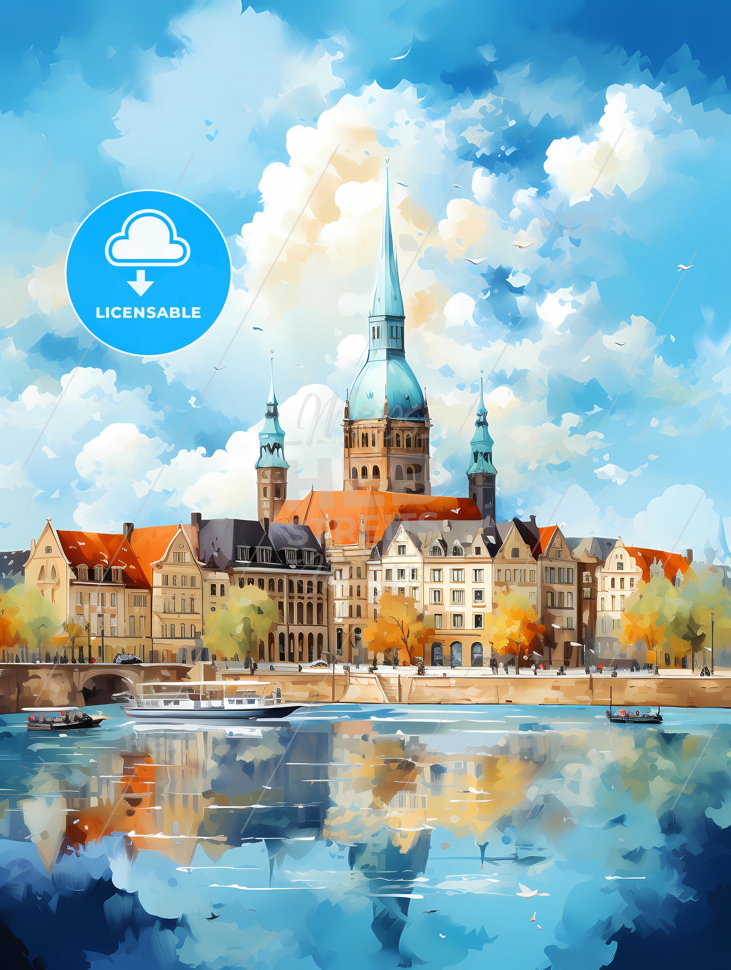 A Watercolor Painting Of A Castle And A Boat