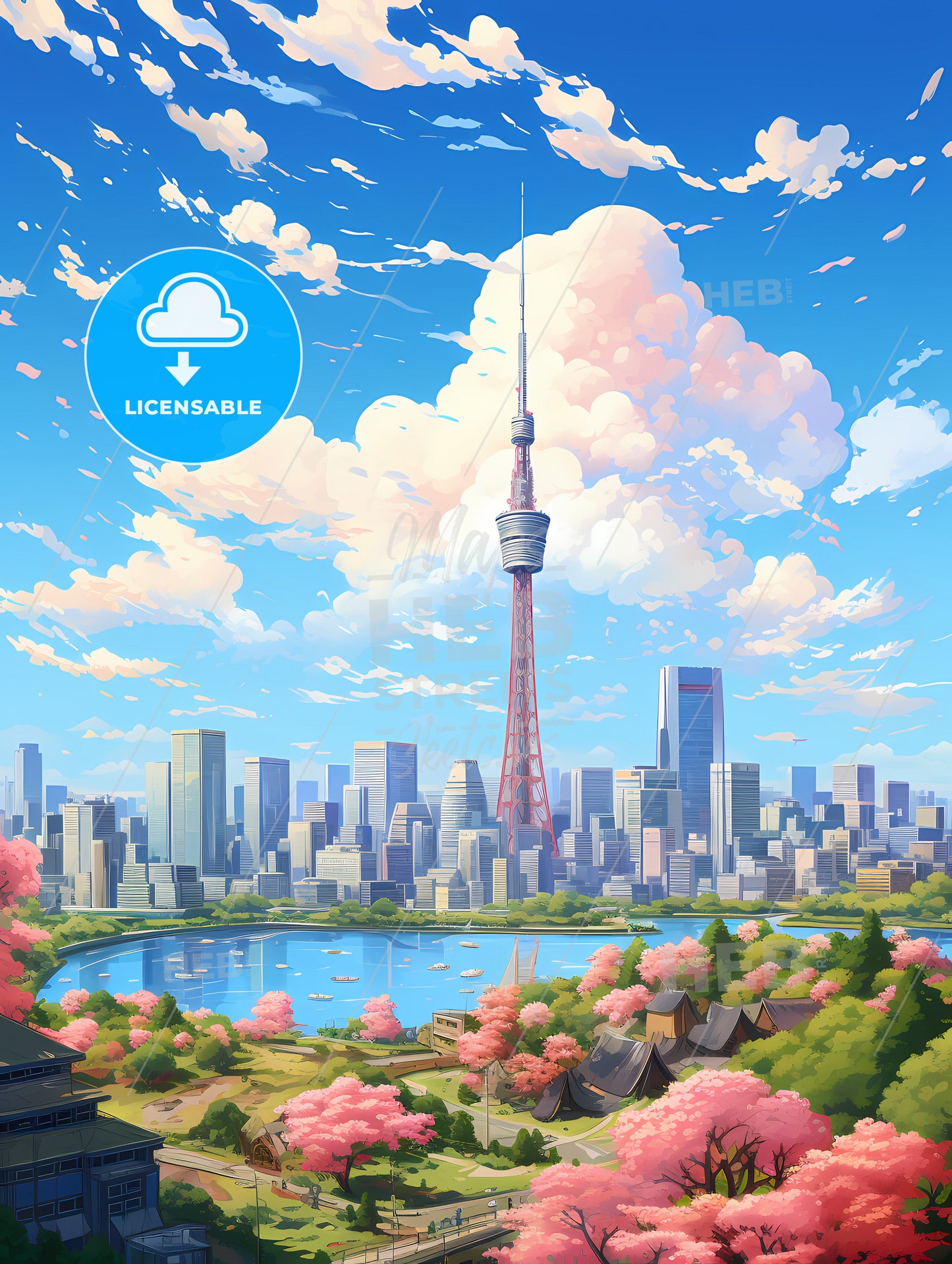 A City Landscape With A Lake And A Tower