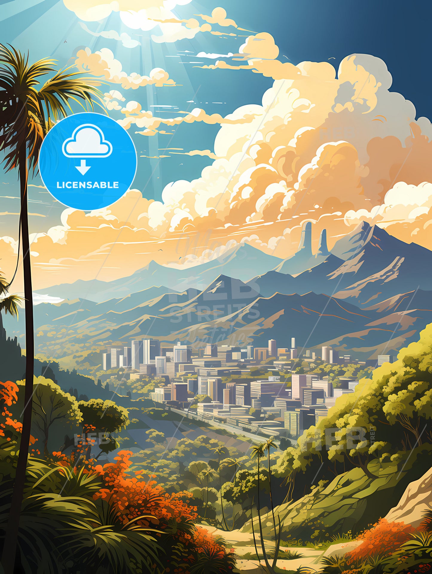 A Landscape Of A City And Mountains