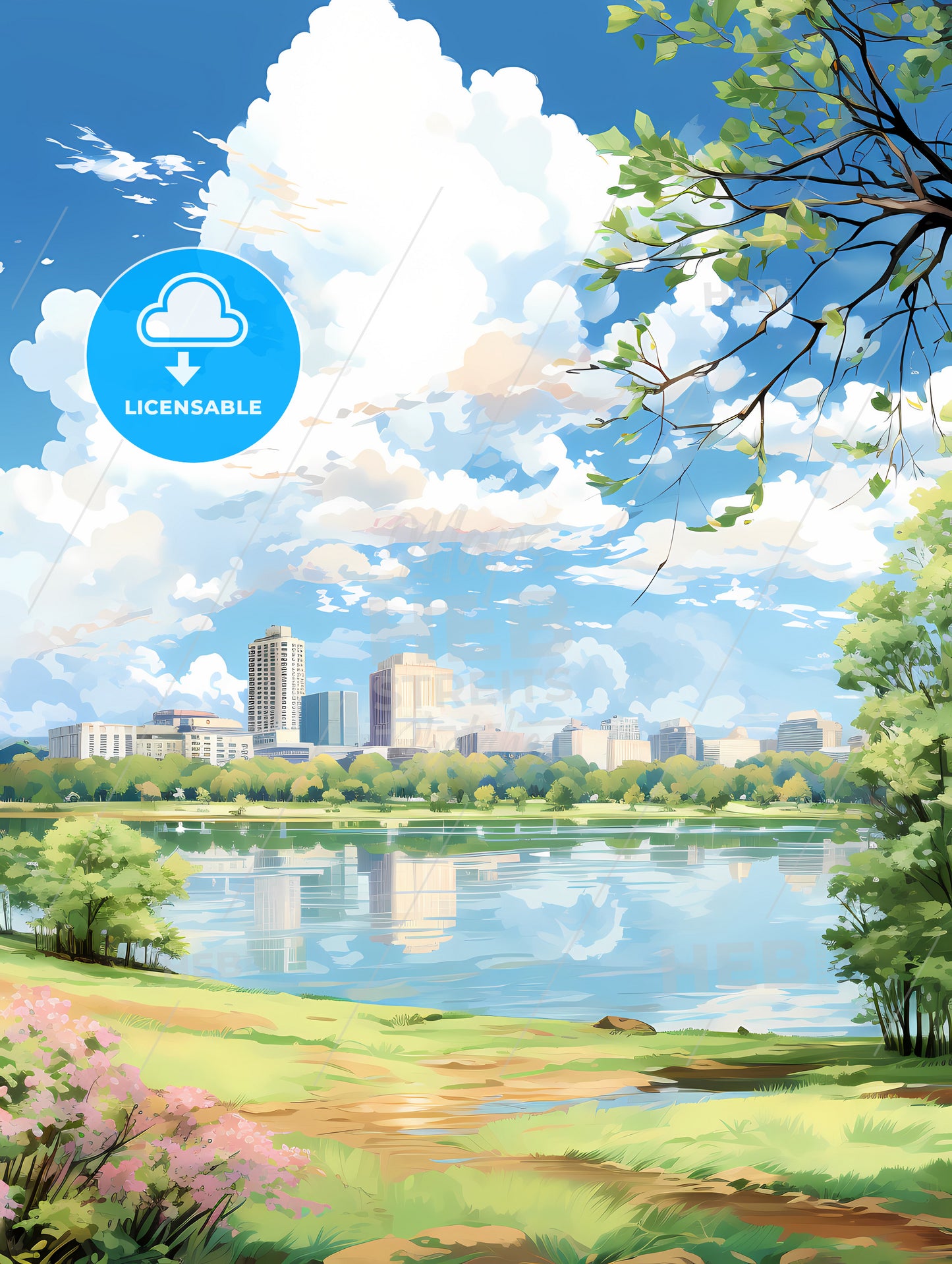A Water Body With Trees And Buildings In The Background