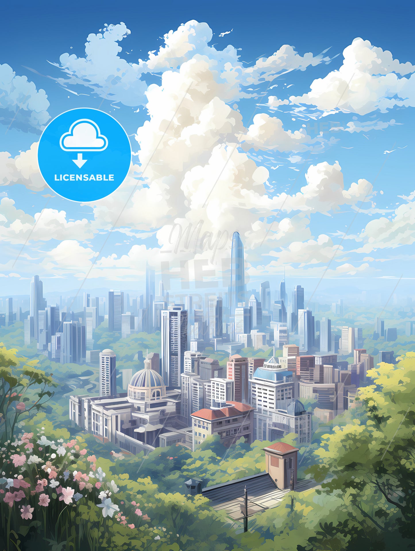 A City Landscape With Trees And Clouds