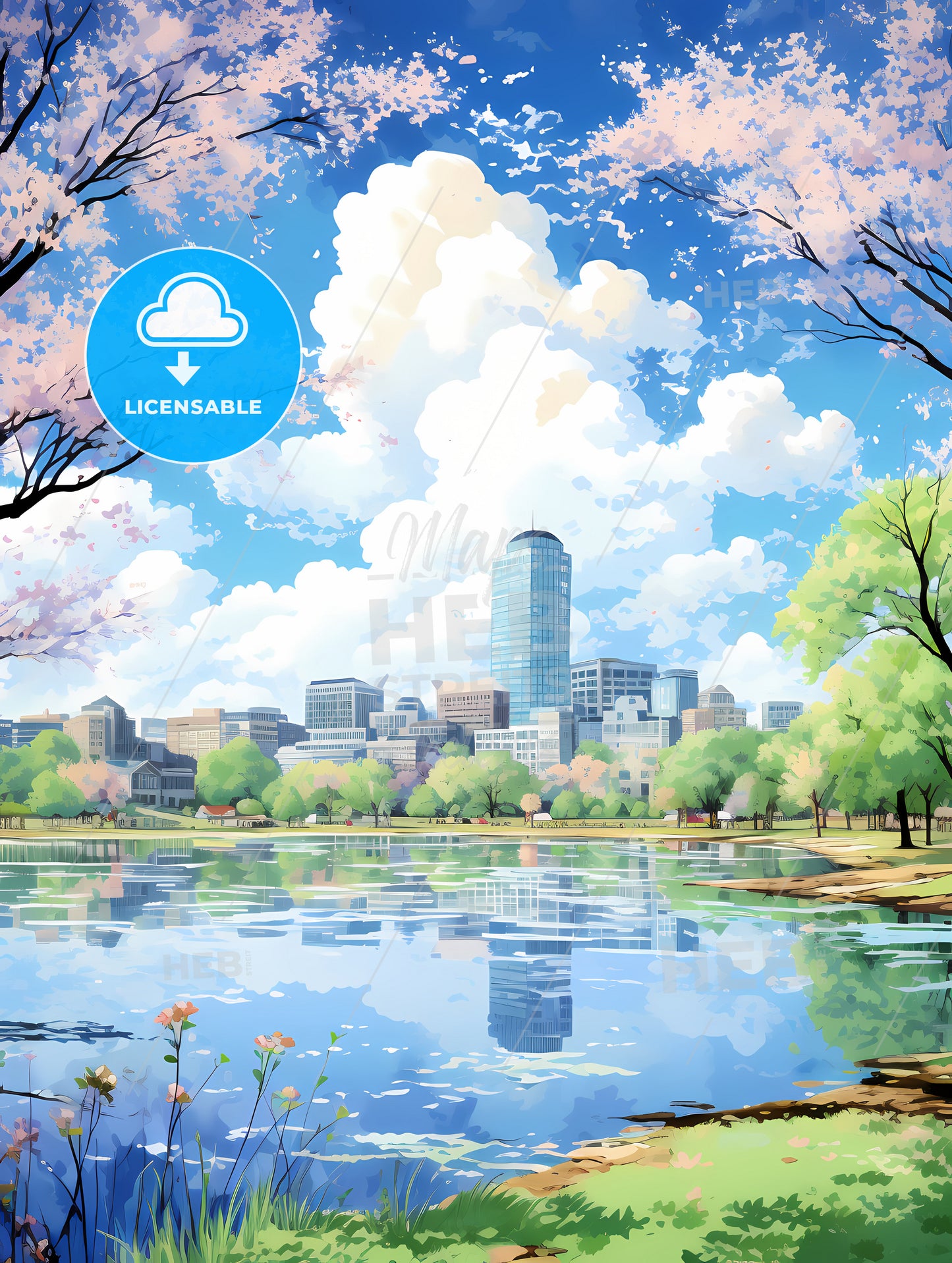 A Cityscape With Trees And A Lake