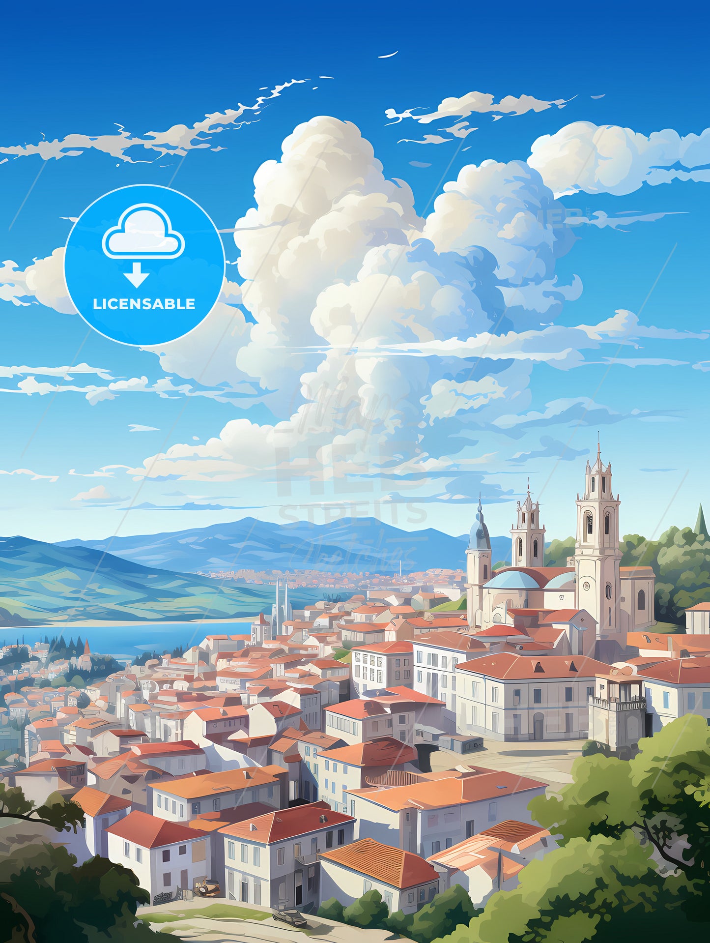 A City With Red Roofs And A Church