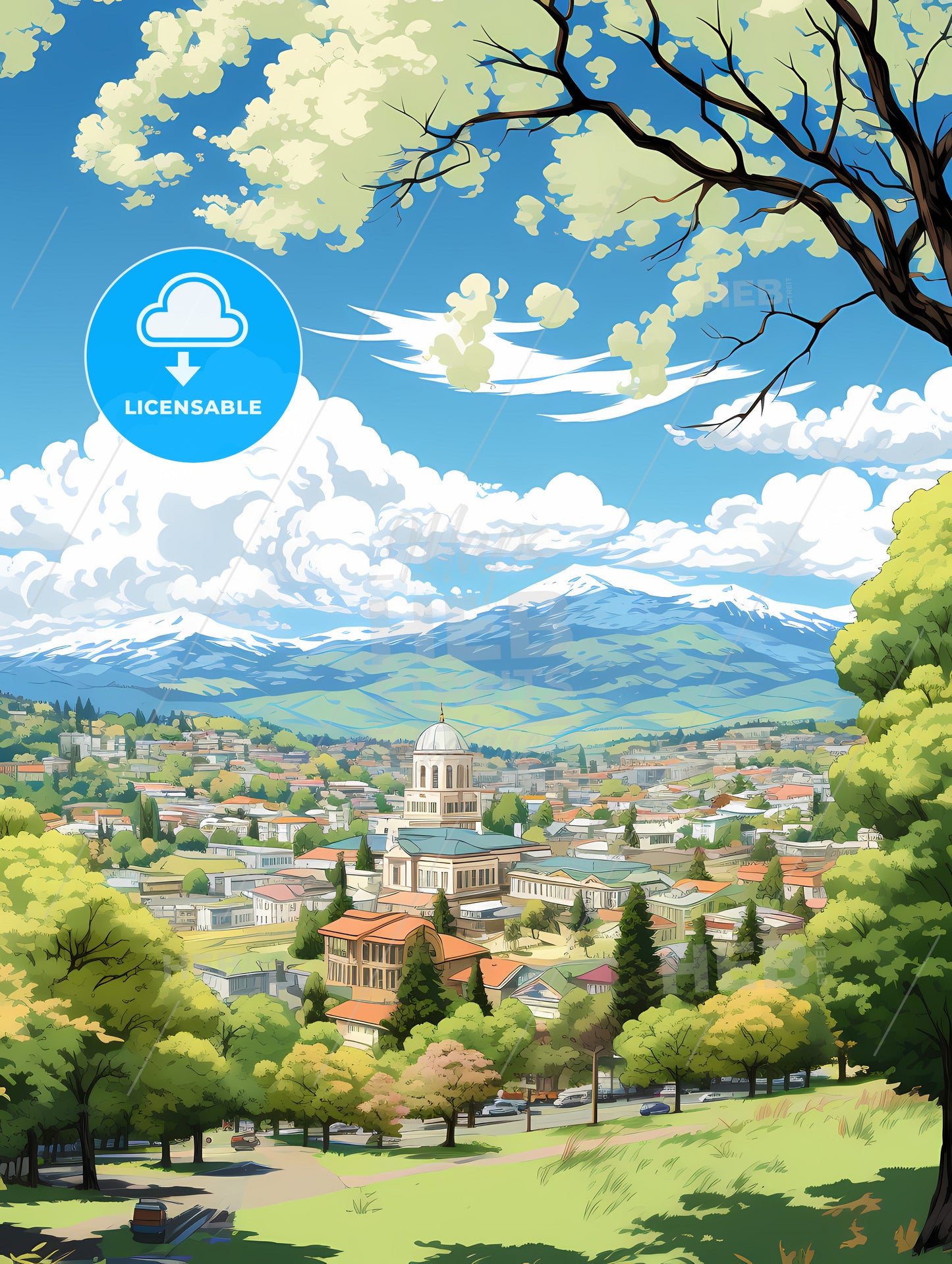 A Landscape Of A Town With Trees And Mountains In The Background