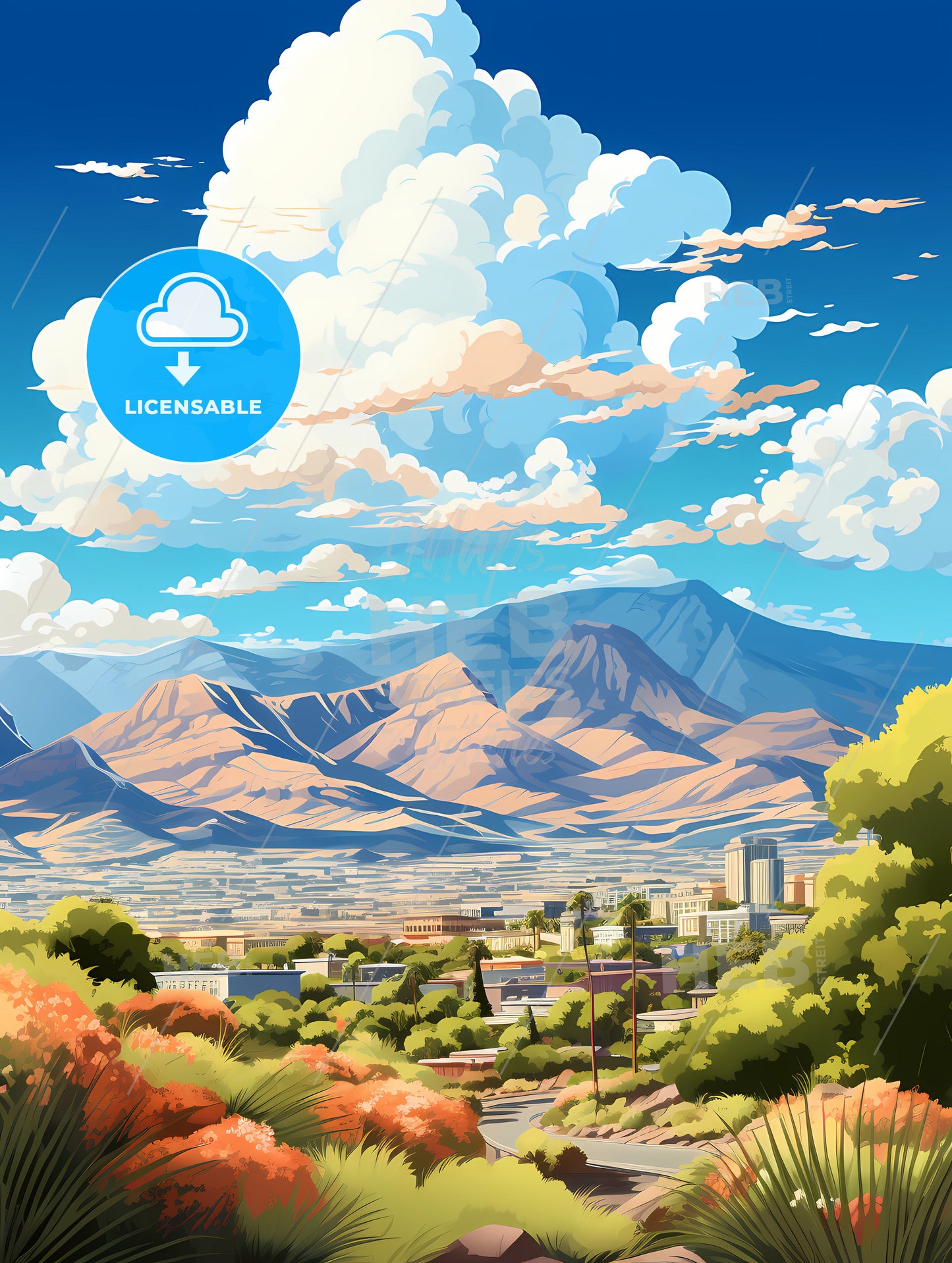 A Landscape Of A City And Mountains