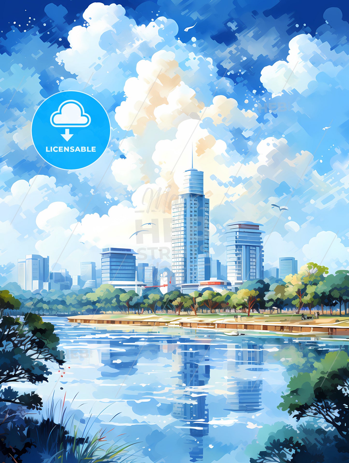 A Water Body With Trees And Buildings In The Background