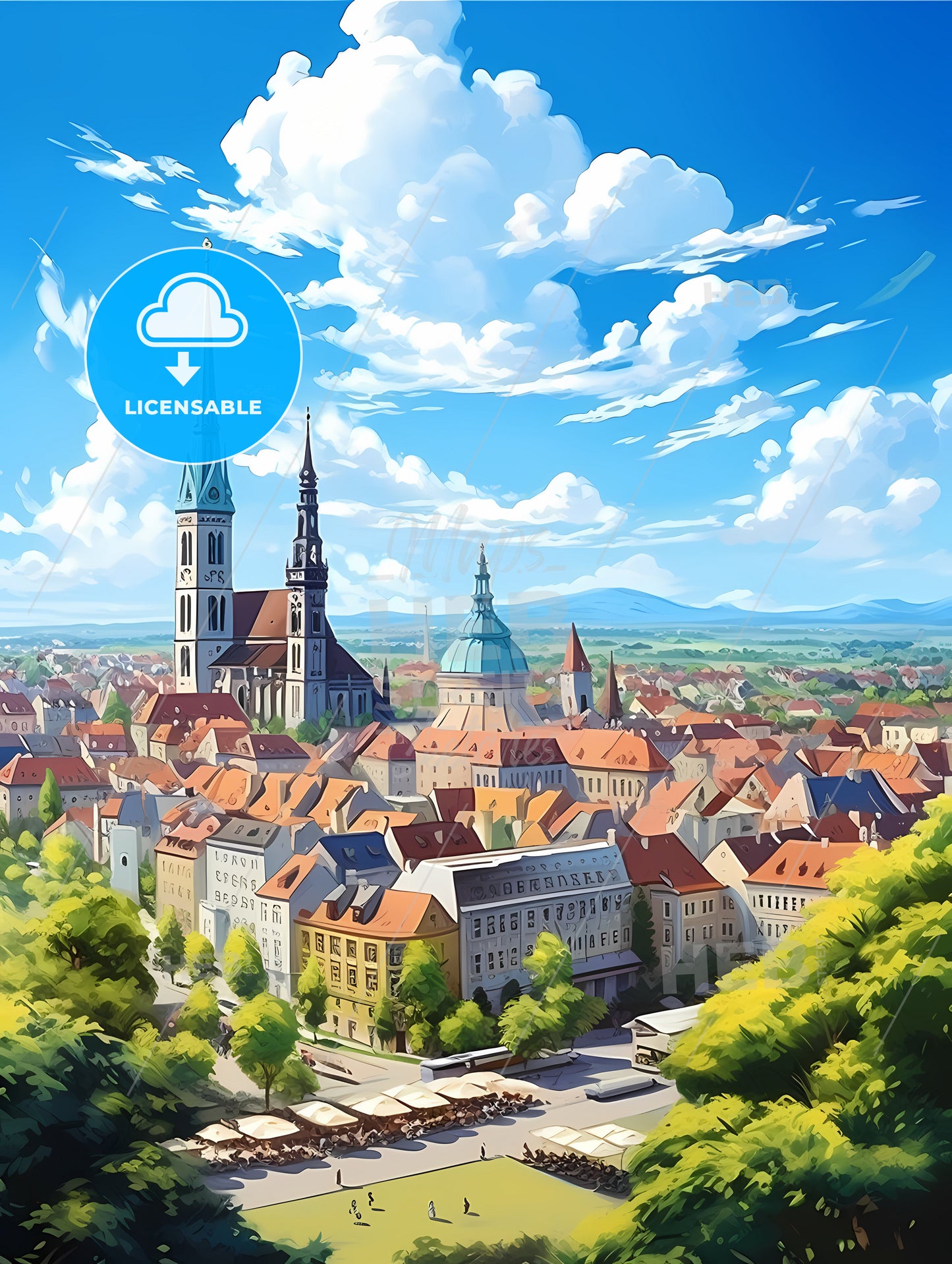 A City With A Church And Buildings