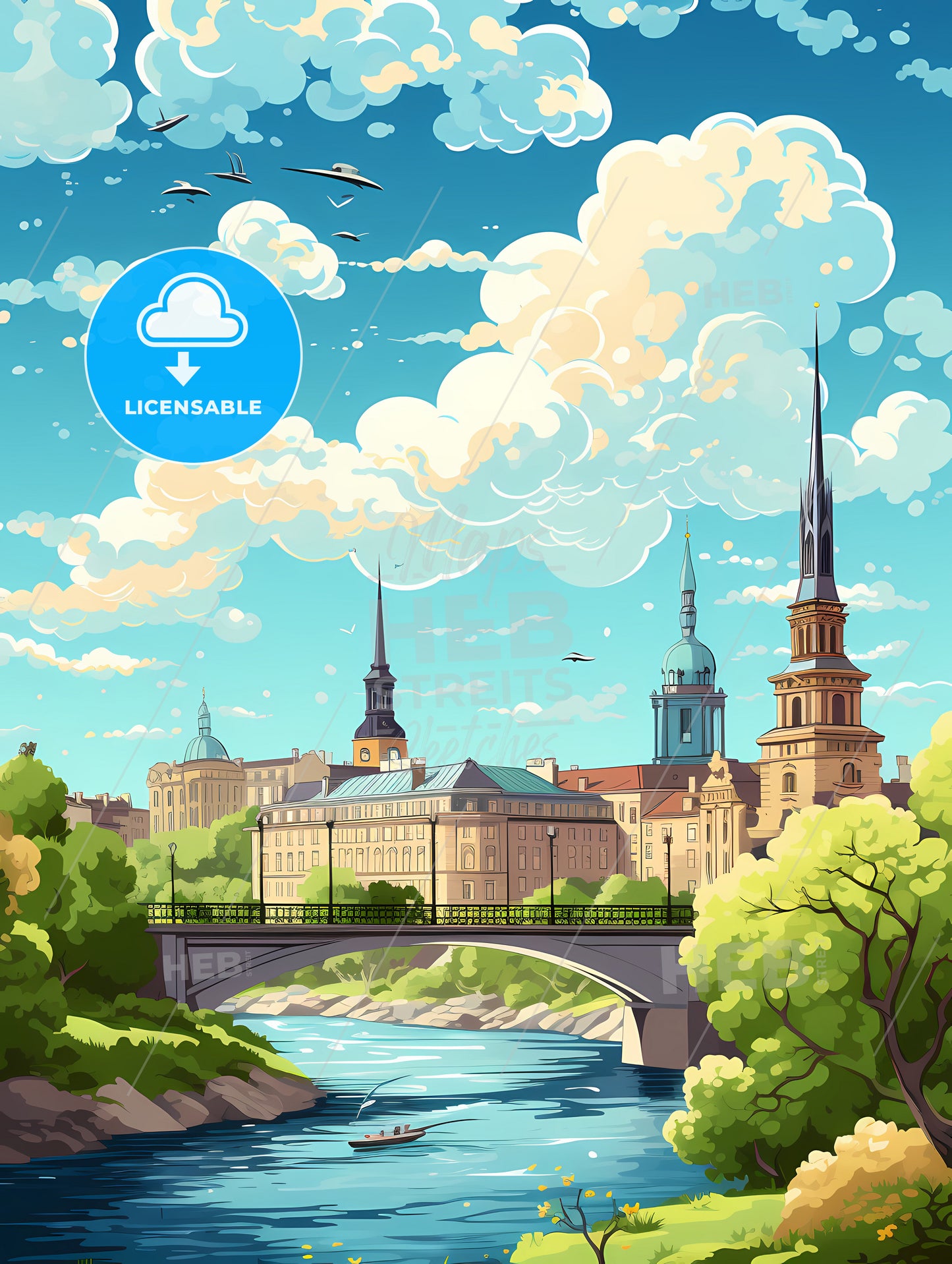 A Bridge Over A River With Trees And Buildings