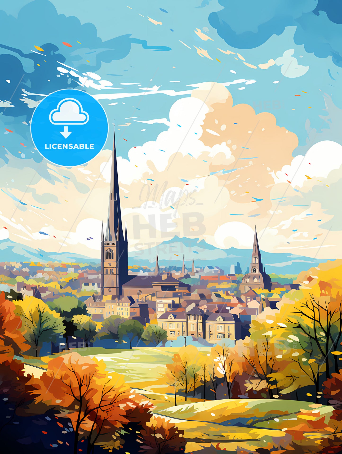 A City With A Tall Tower And Trees