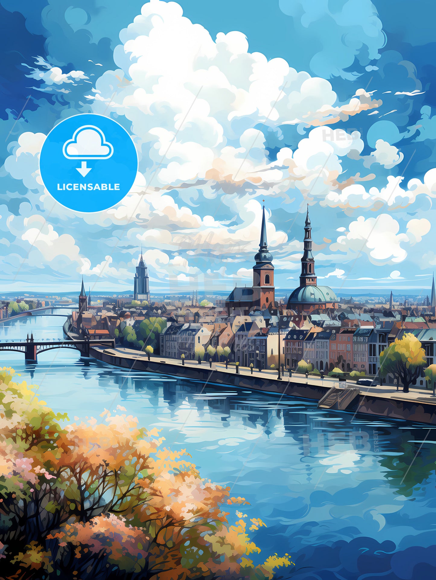 A River With A Bridge And A City