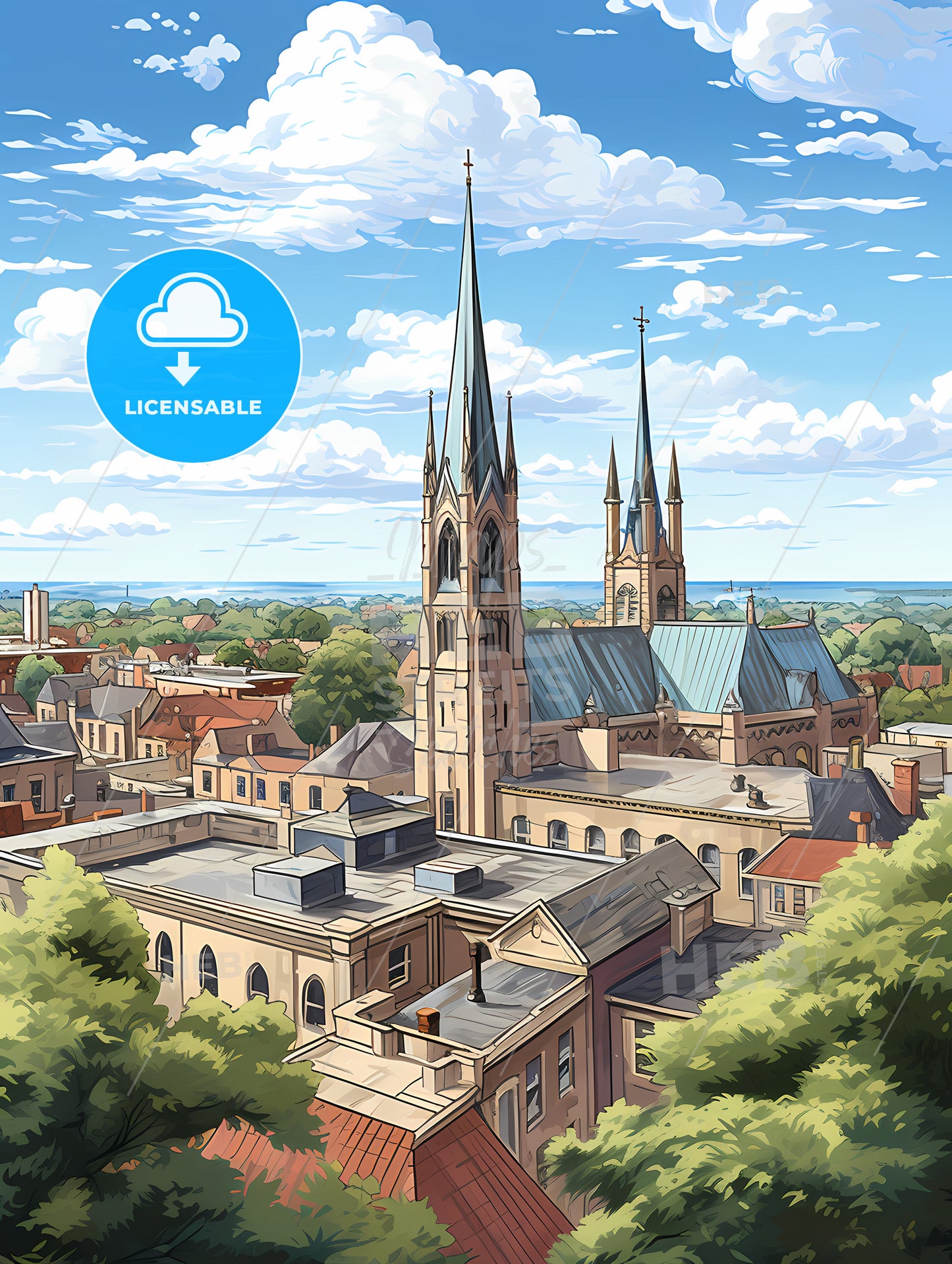 A Building With A Steeple And Trees