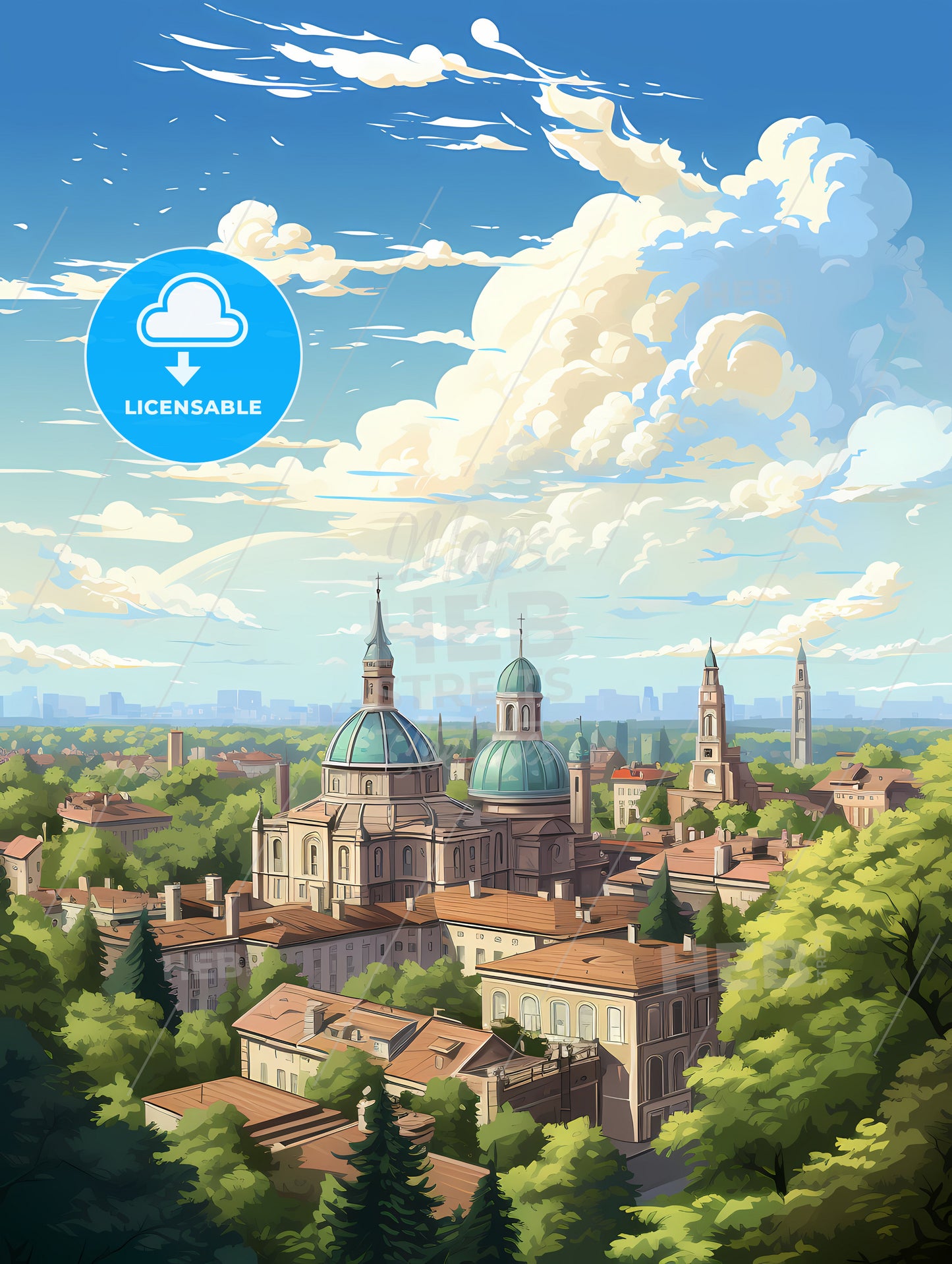 A City With Many Buildings And Trees