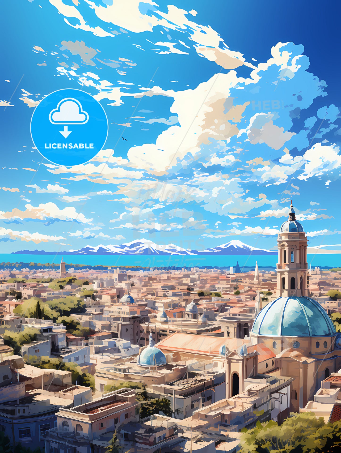 A City With A Blue Dome And Trees