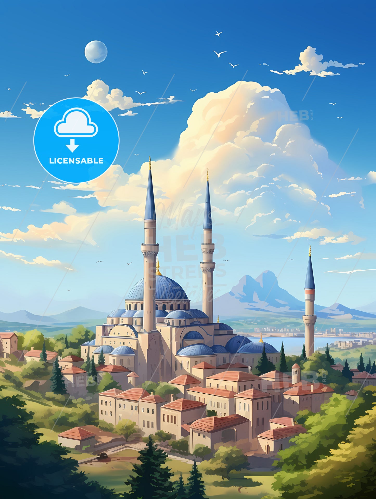 A Large Building With Towers And A City In The Background