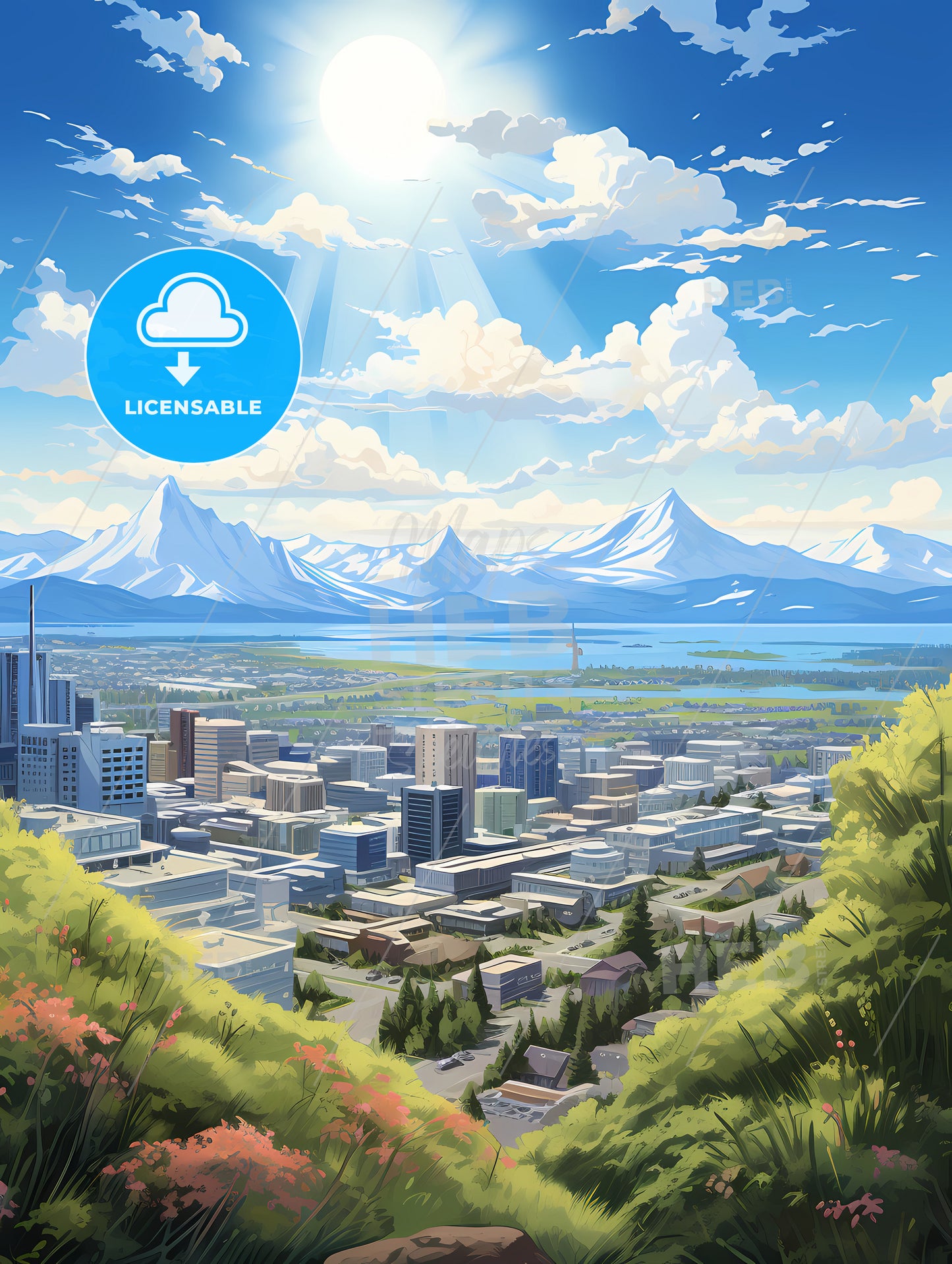 A Cityscape With Mountains And Water