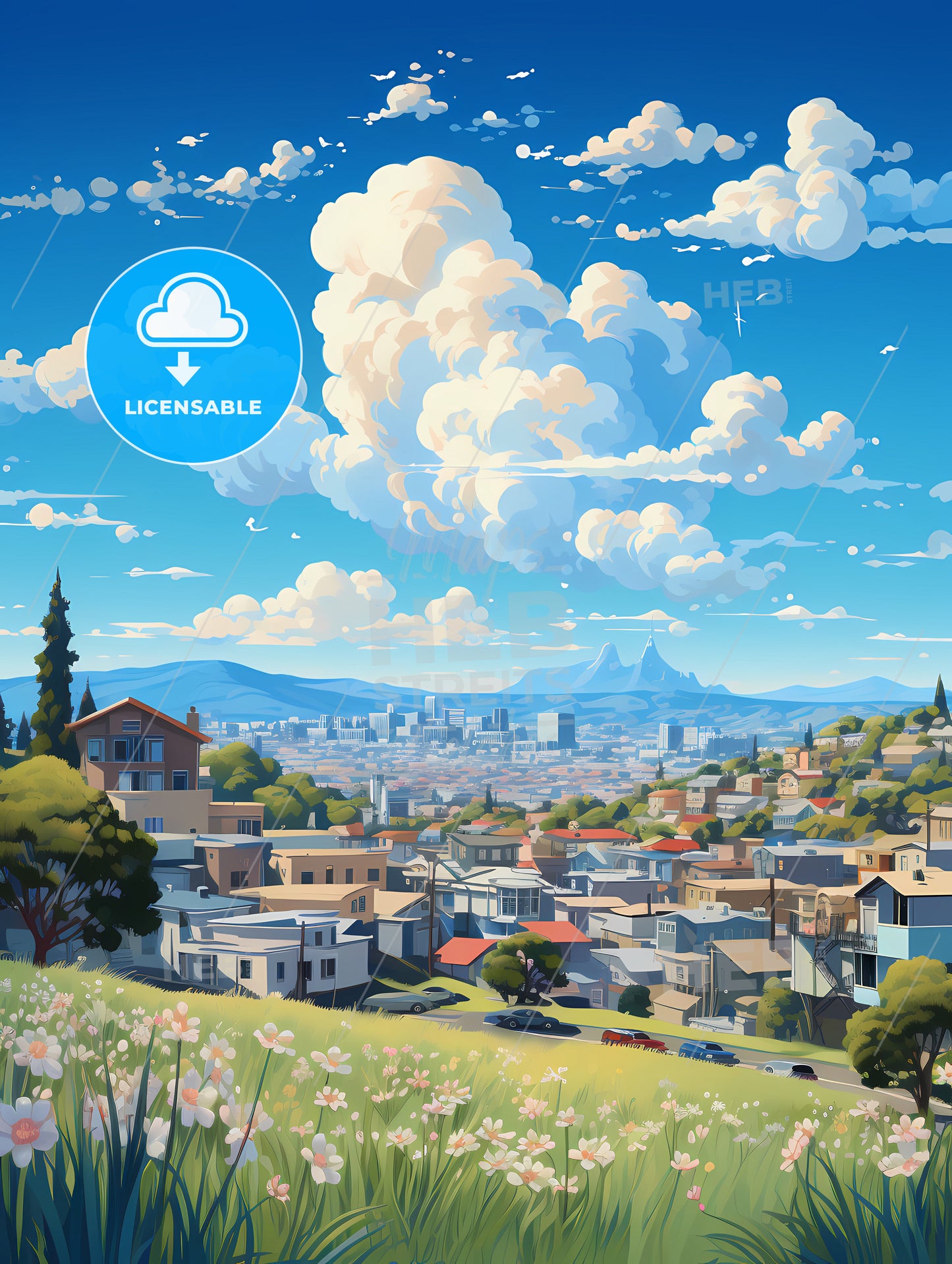A Landscape Of A City With A Hill And Flowers