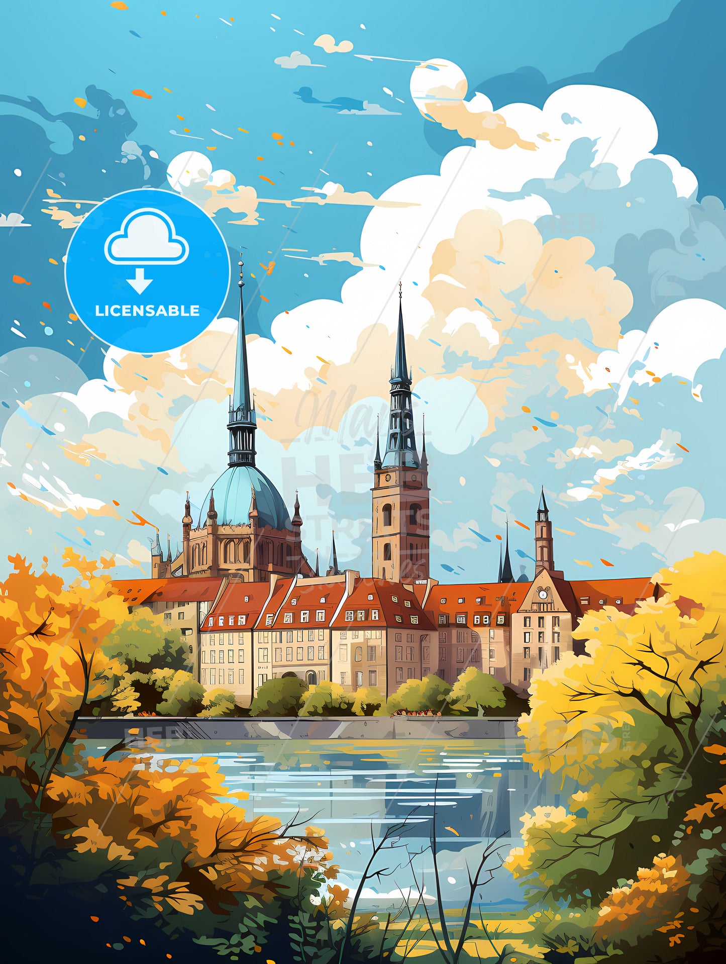 A Building With Towers And Trees By Water