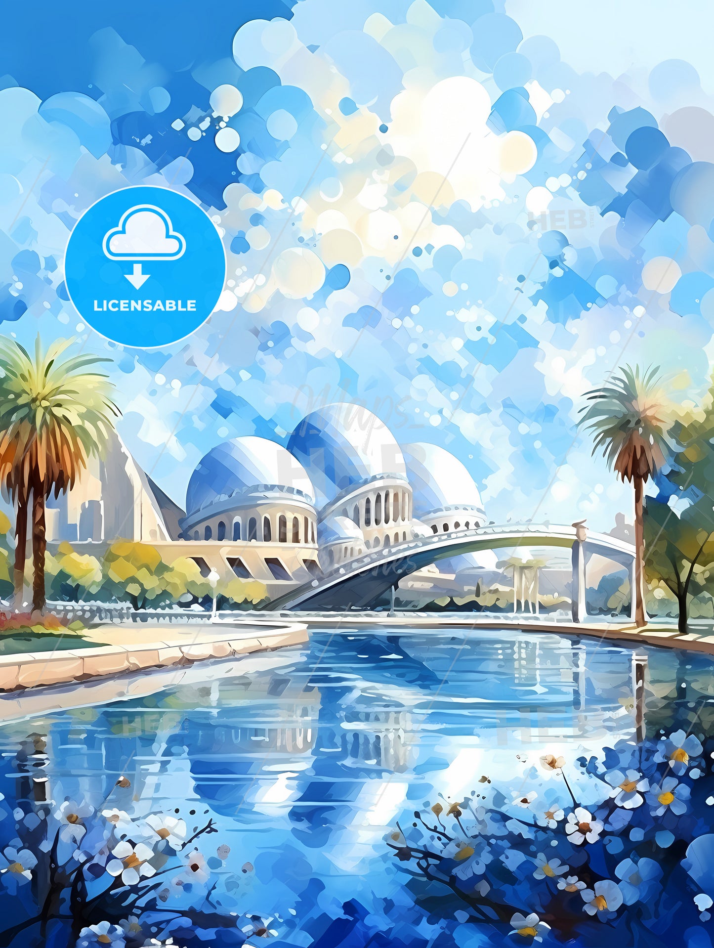 A Water And A Bridge With A Bridge And A Building With Domes