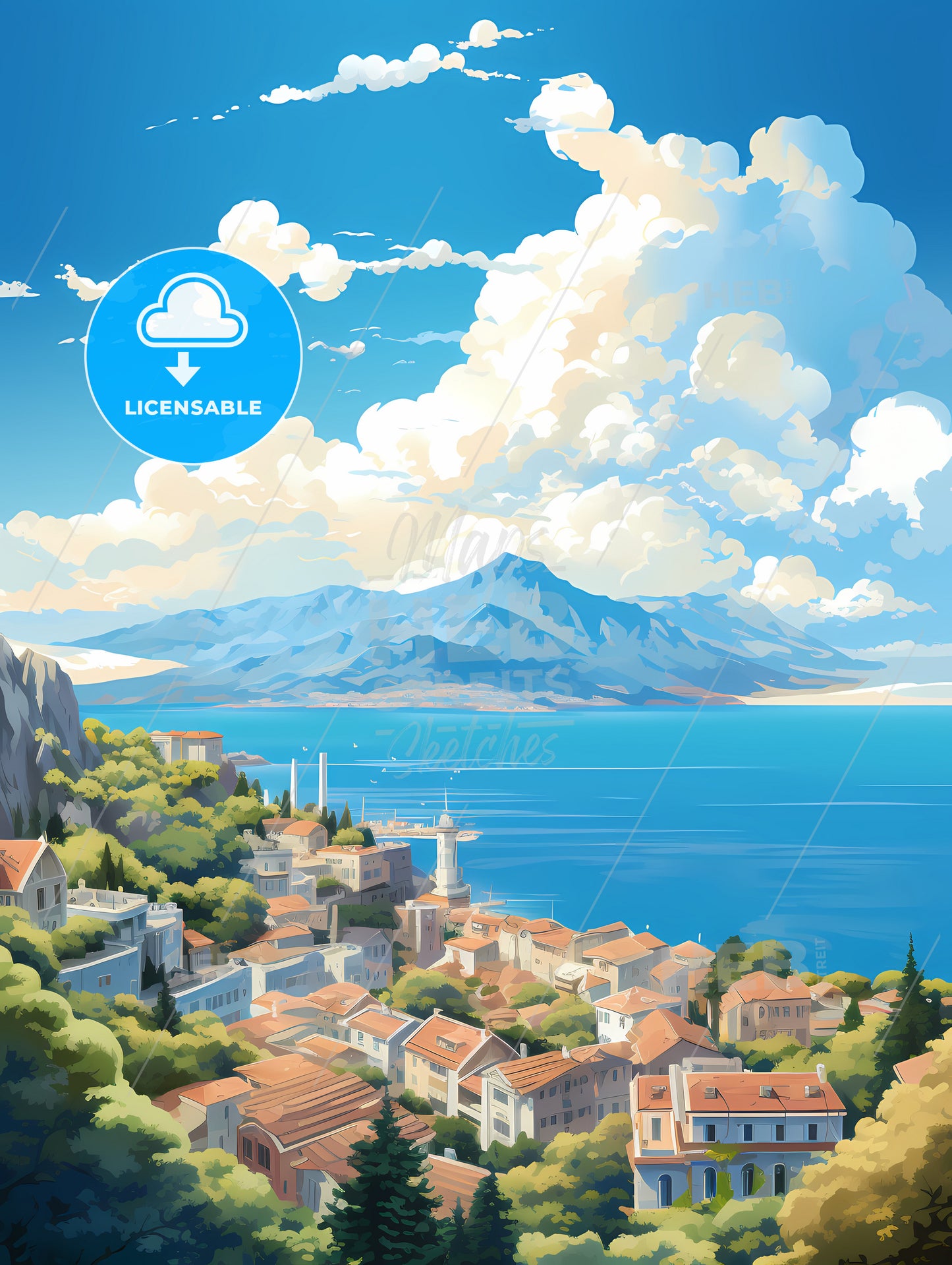 A Town On The Side Of A Cliff Overlooking A Body Of Water