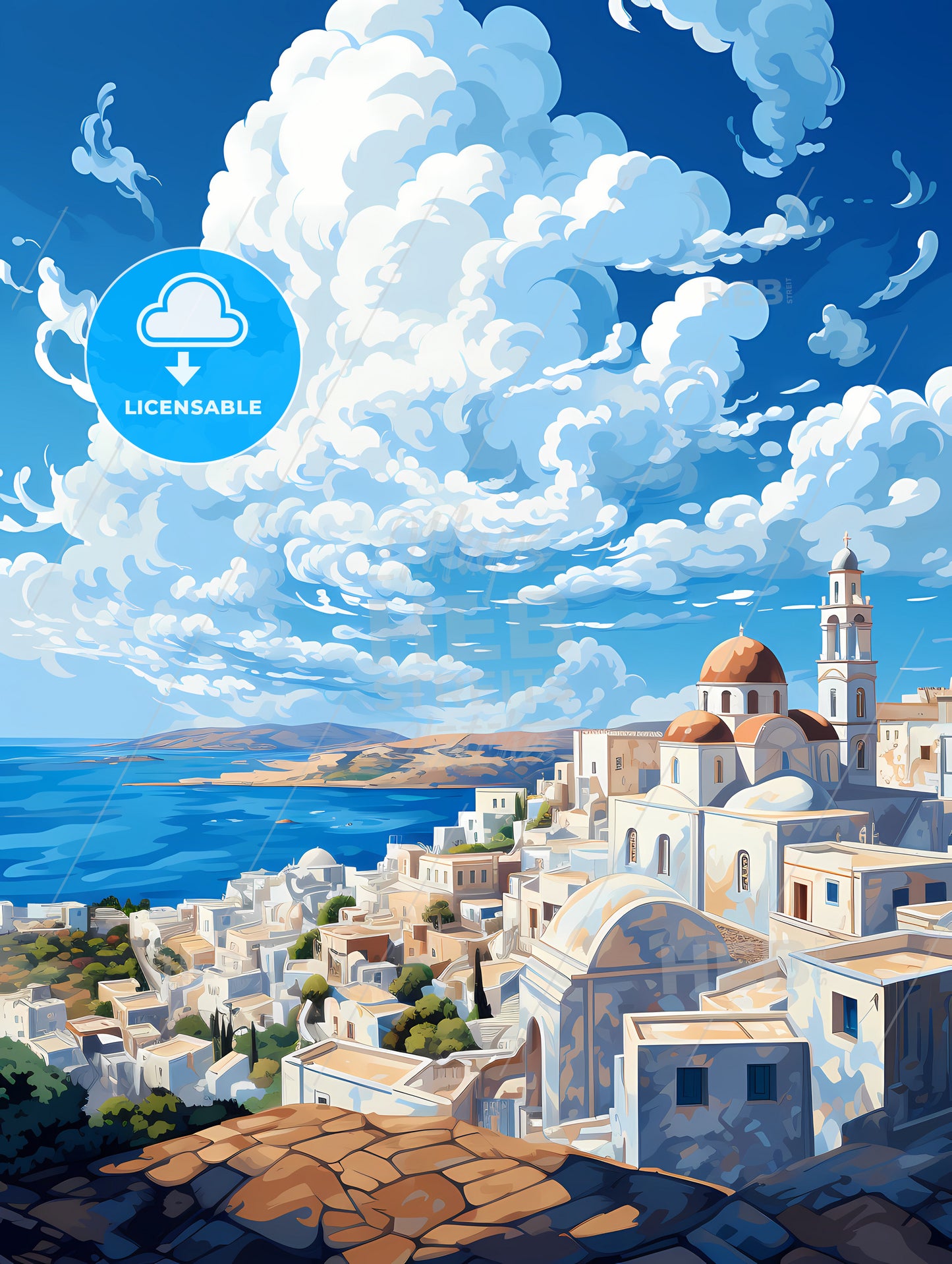 A Painting Of A City By The Water