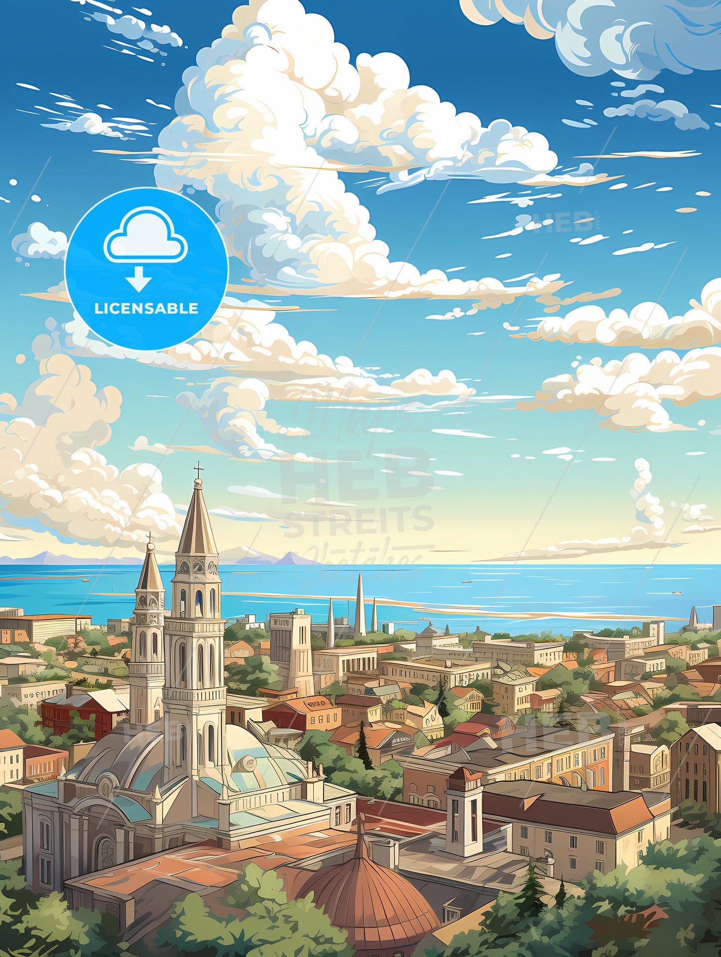 A City With A Church And A Body Of Water