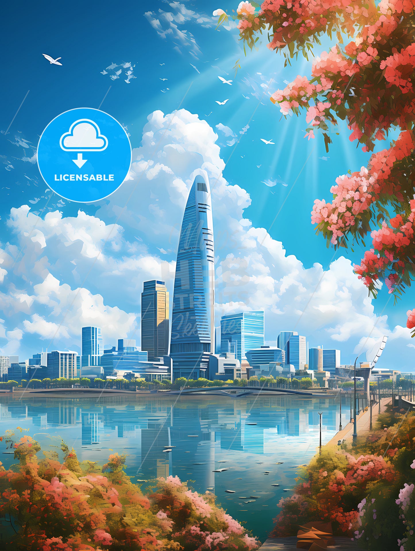 A City Skyline With A Body Of Water And Pink Flowers