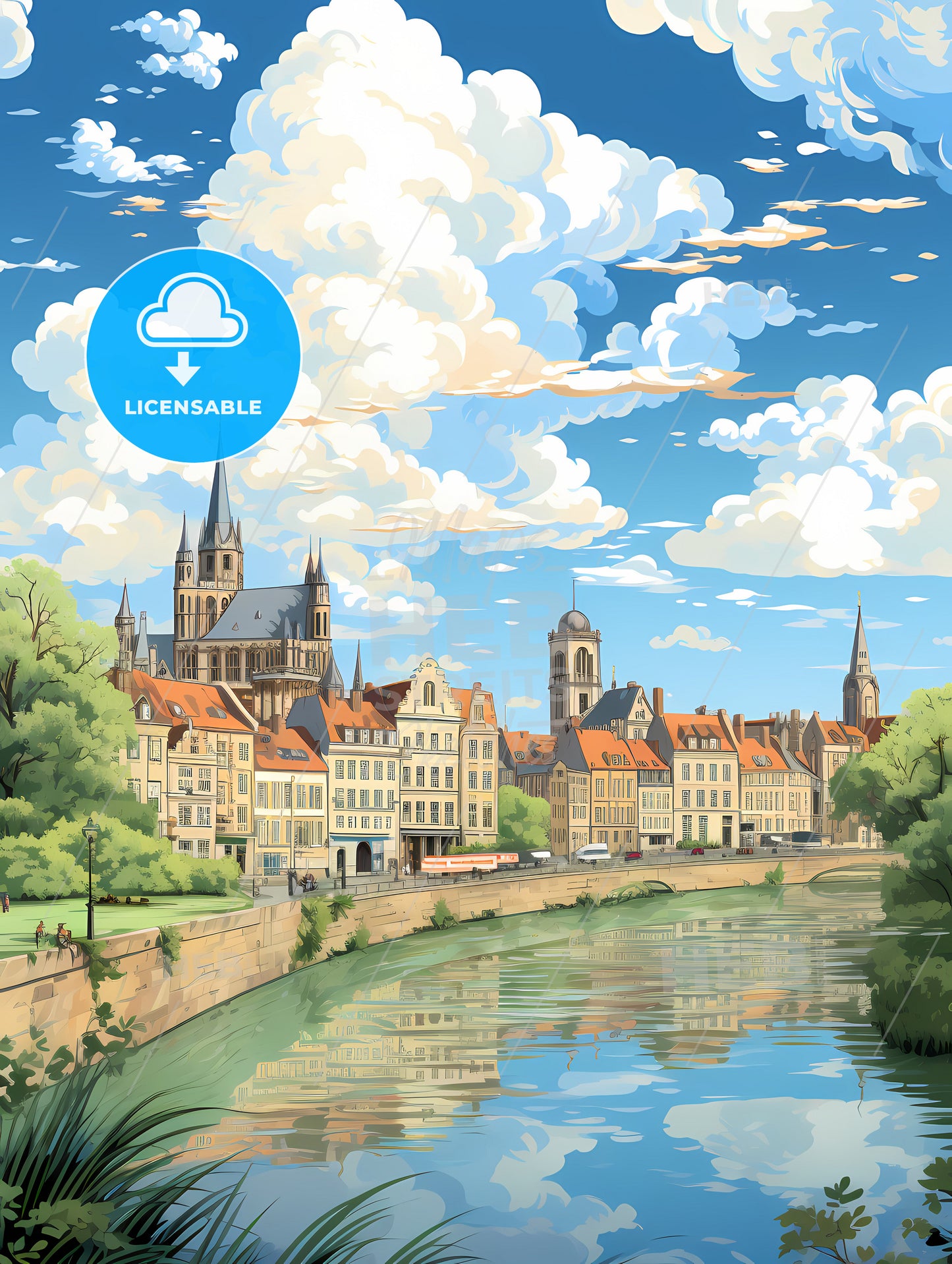 A River With Trees And Buildings