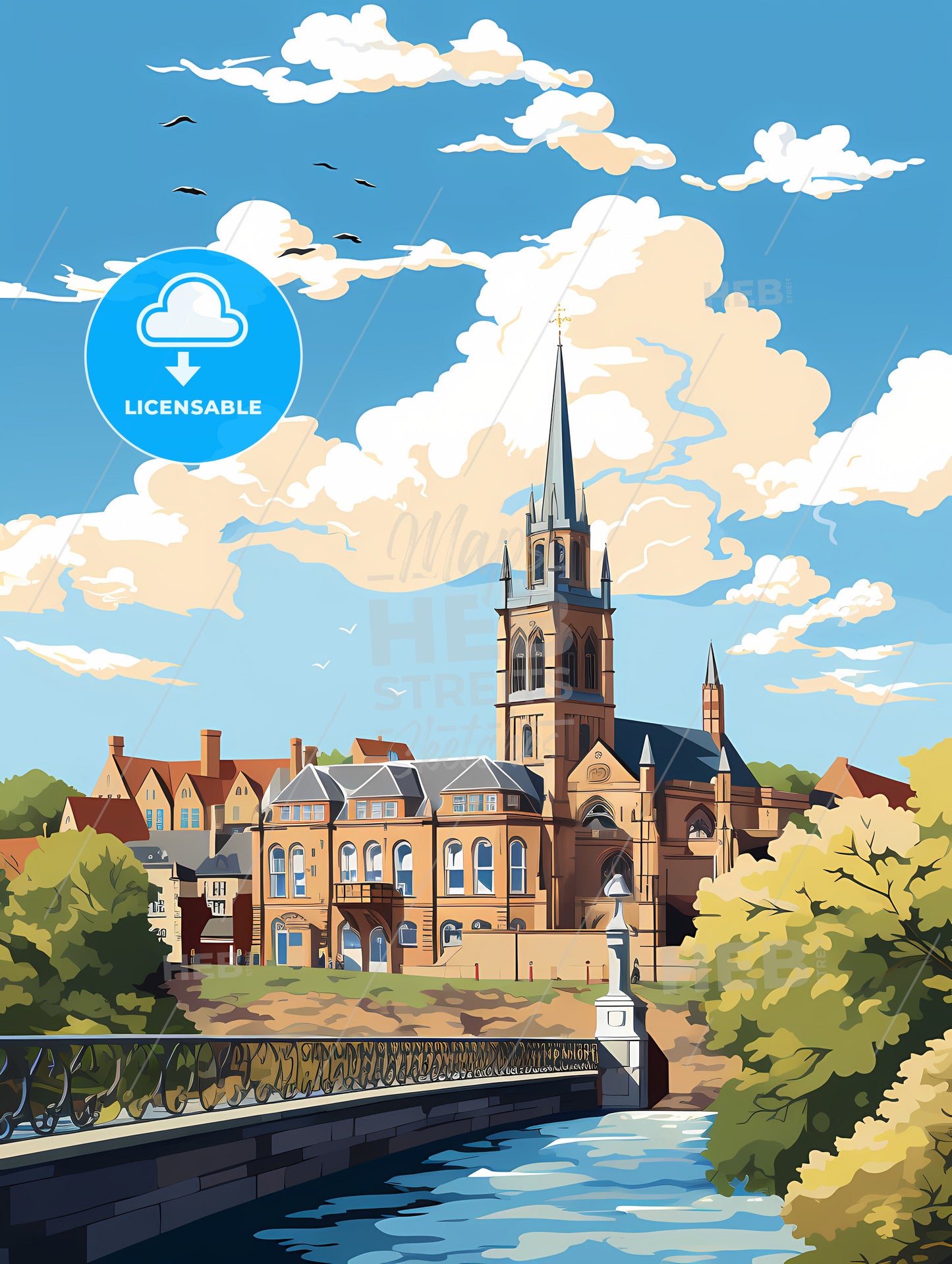 A Church With A Bridge And Trees