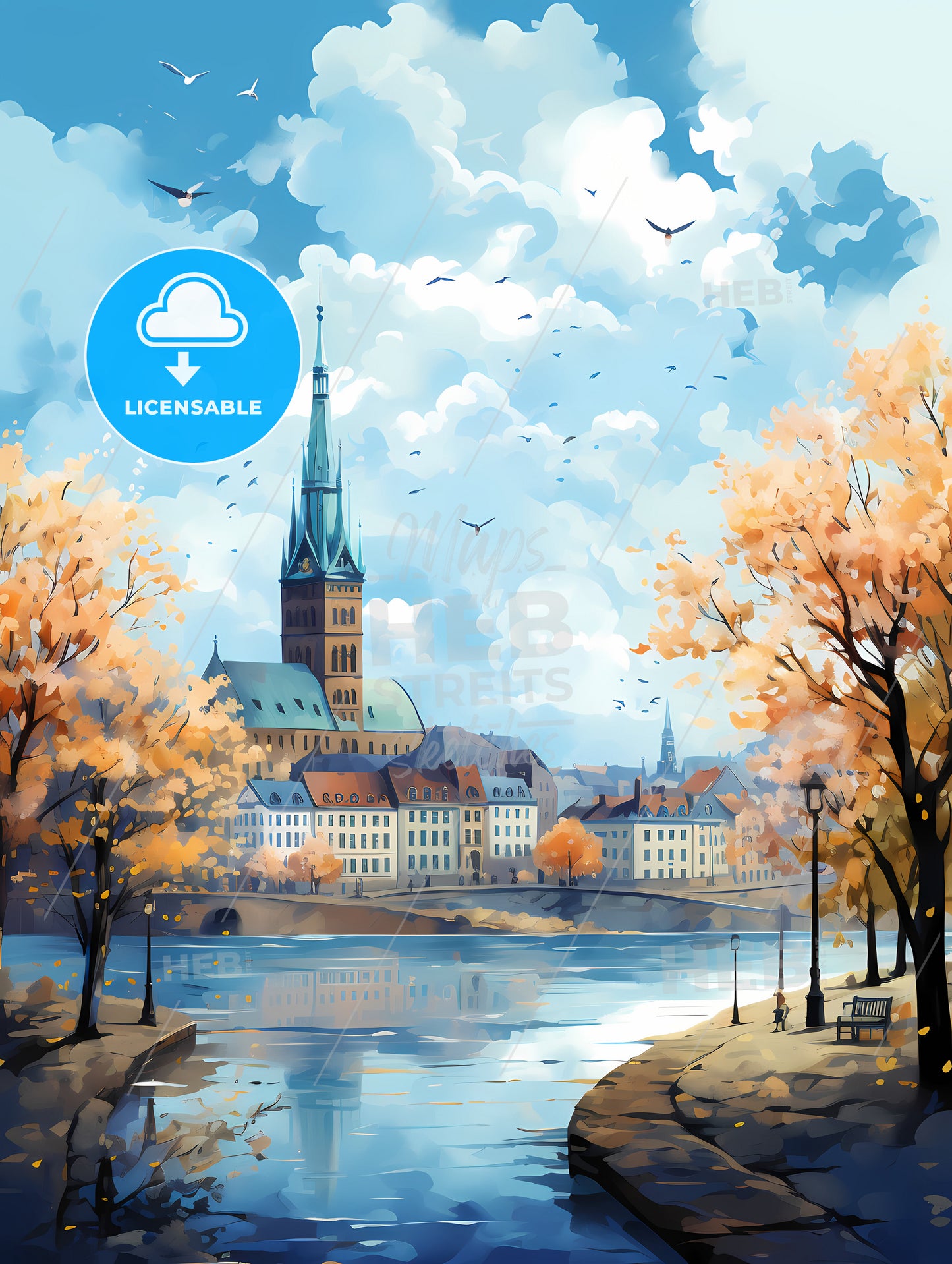 A Painting Of A City With A River And Trees