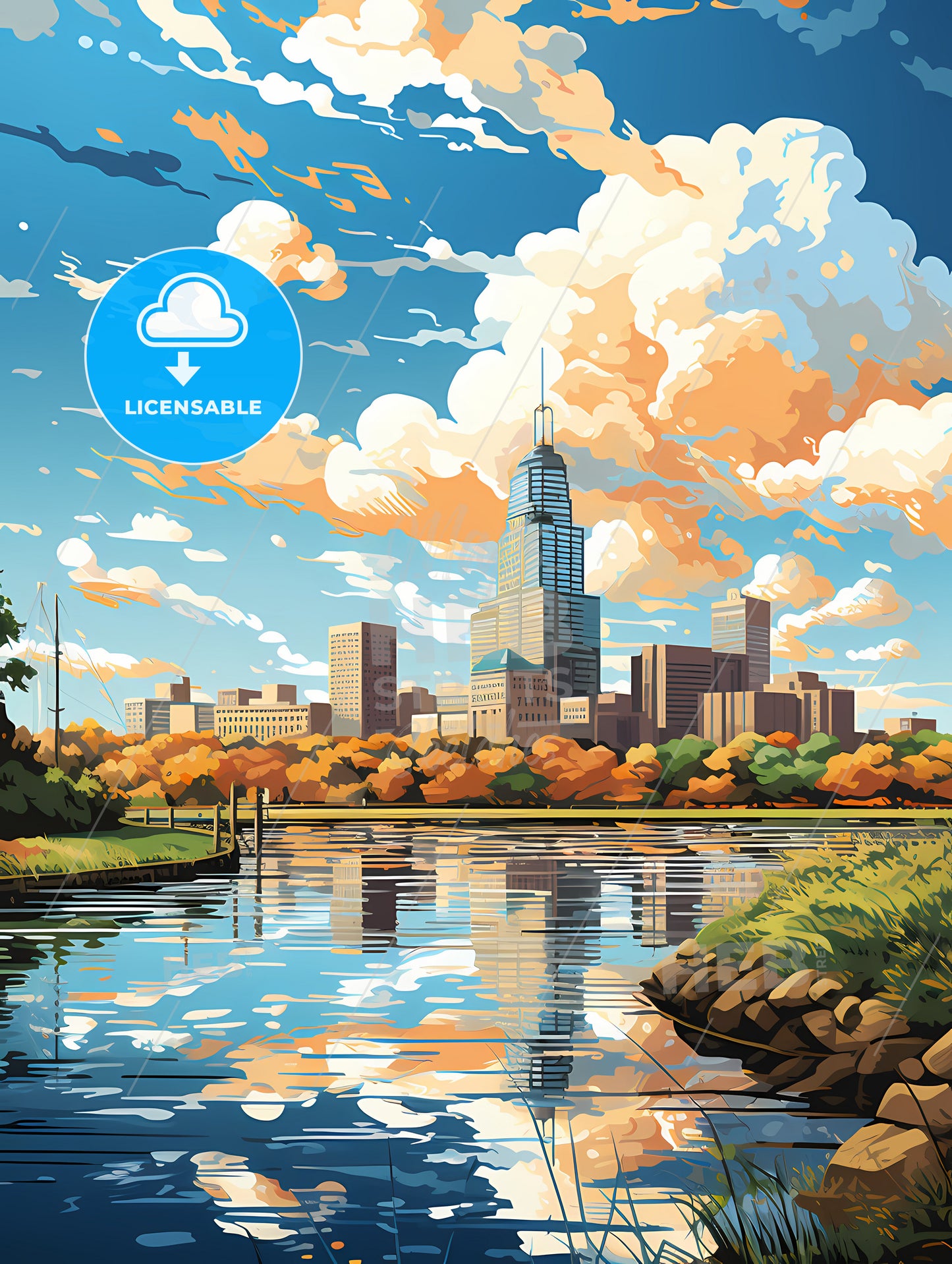 A Water Body With Trees And A City In The Background