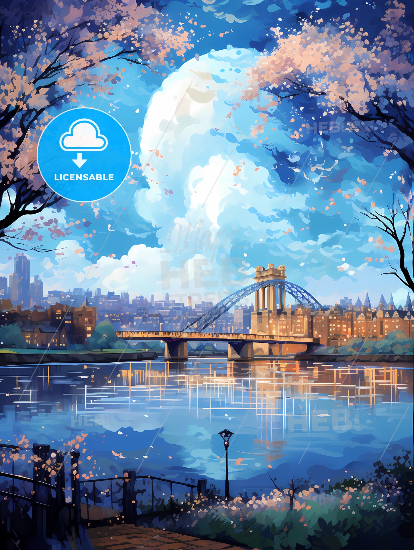 A Bridge Over A River With Trees And A City In The Background