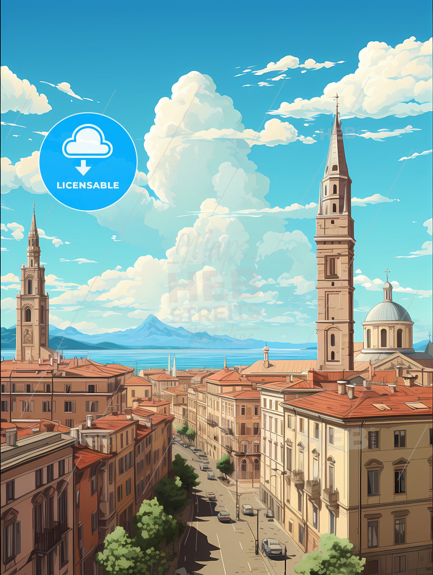 A City With A Tall Tower And A Street With Buildings And A Body Of Water