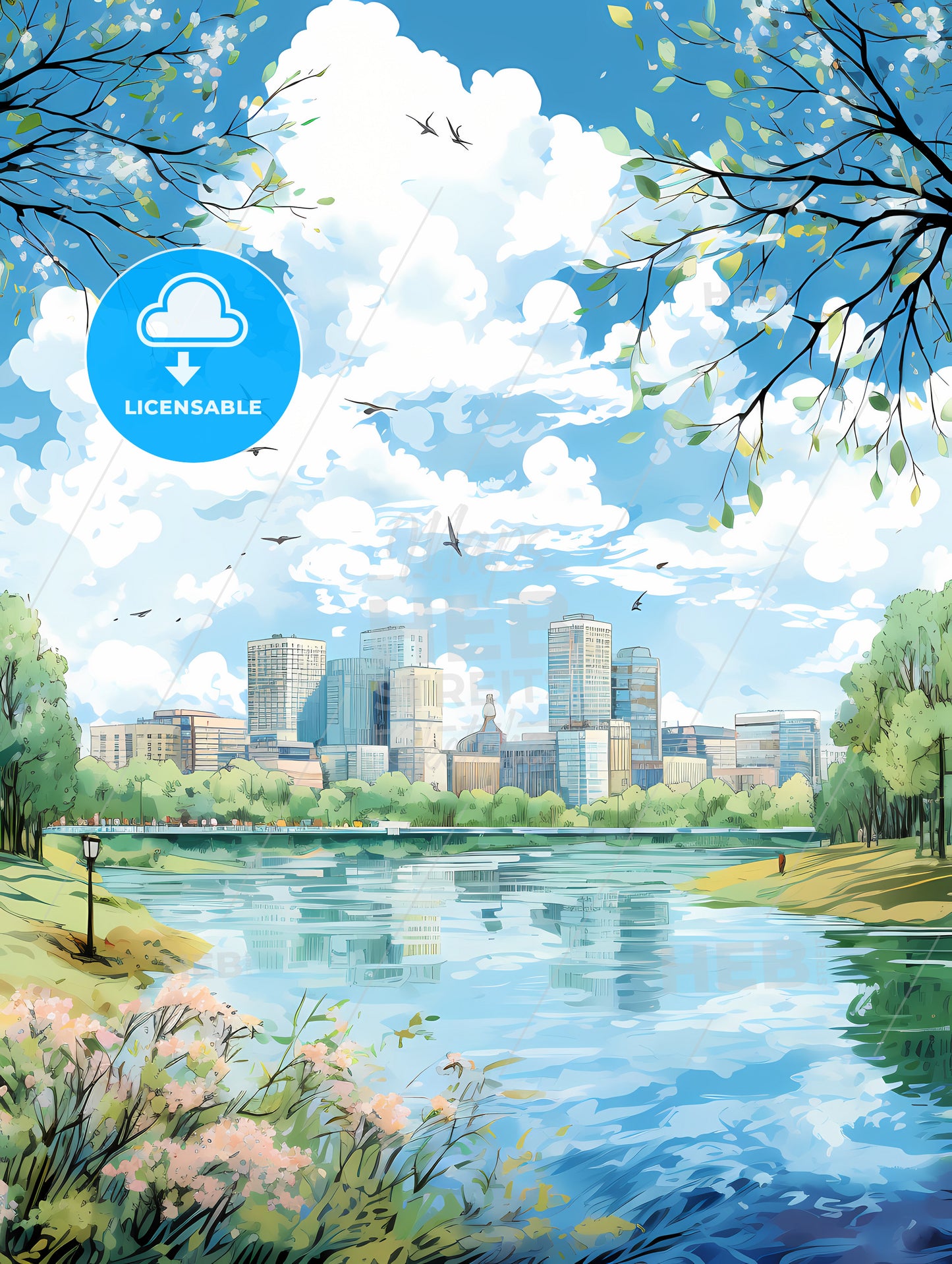 A Water Body With Trees And A City In The Background