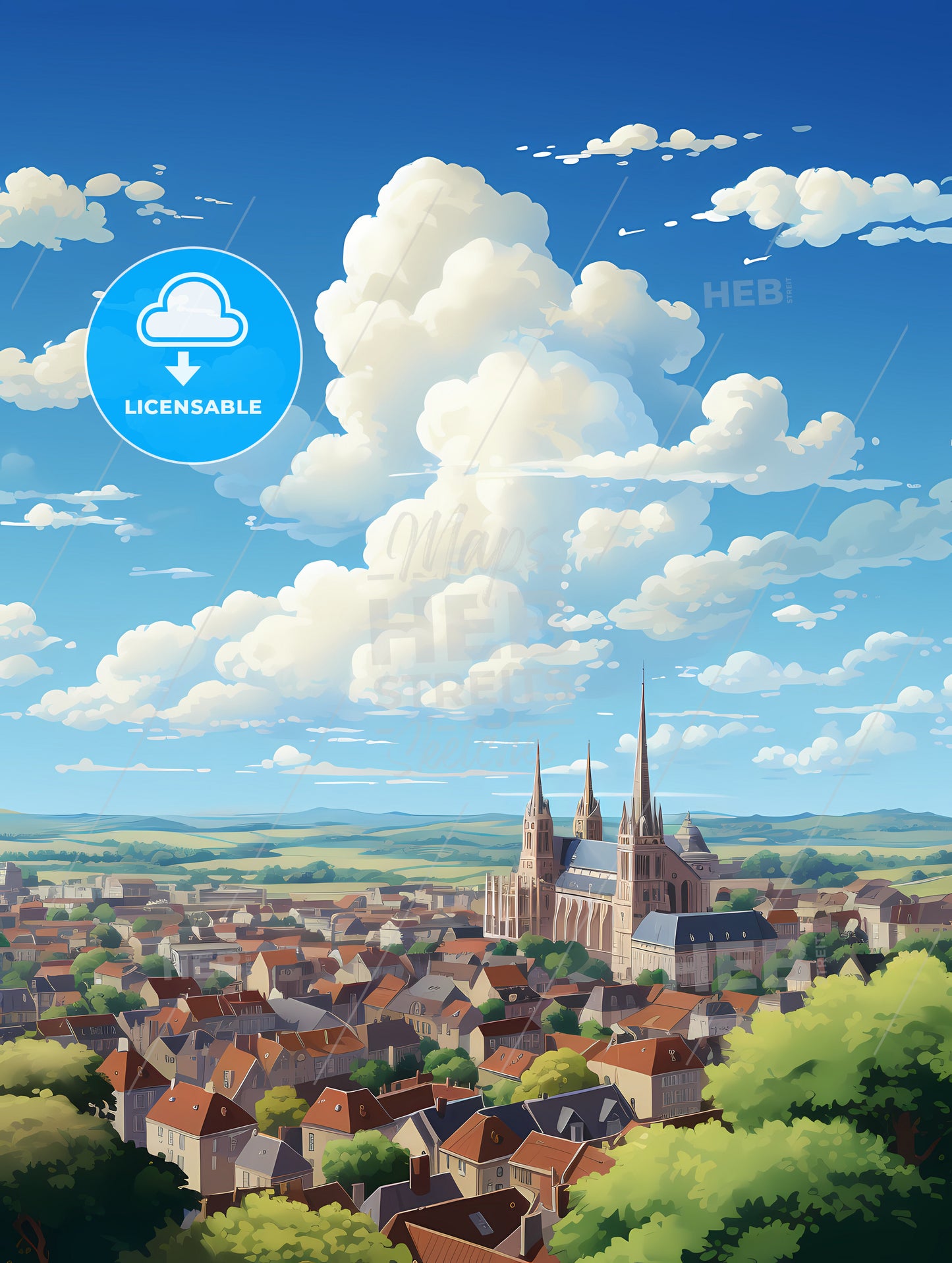 A City With A Church And Trees