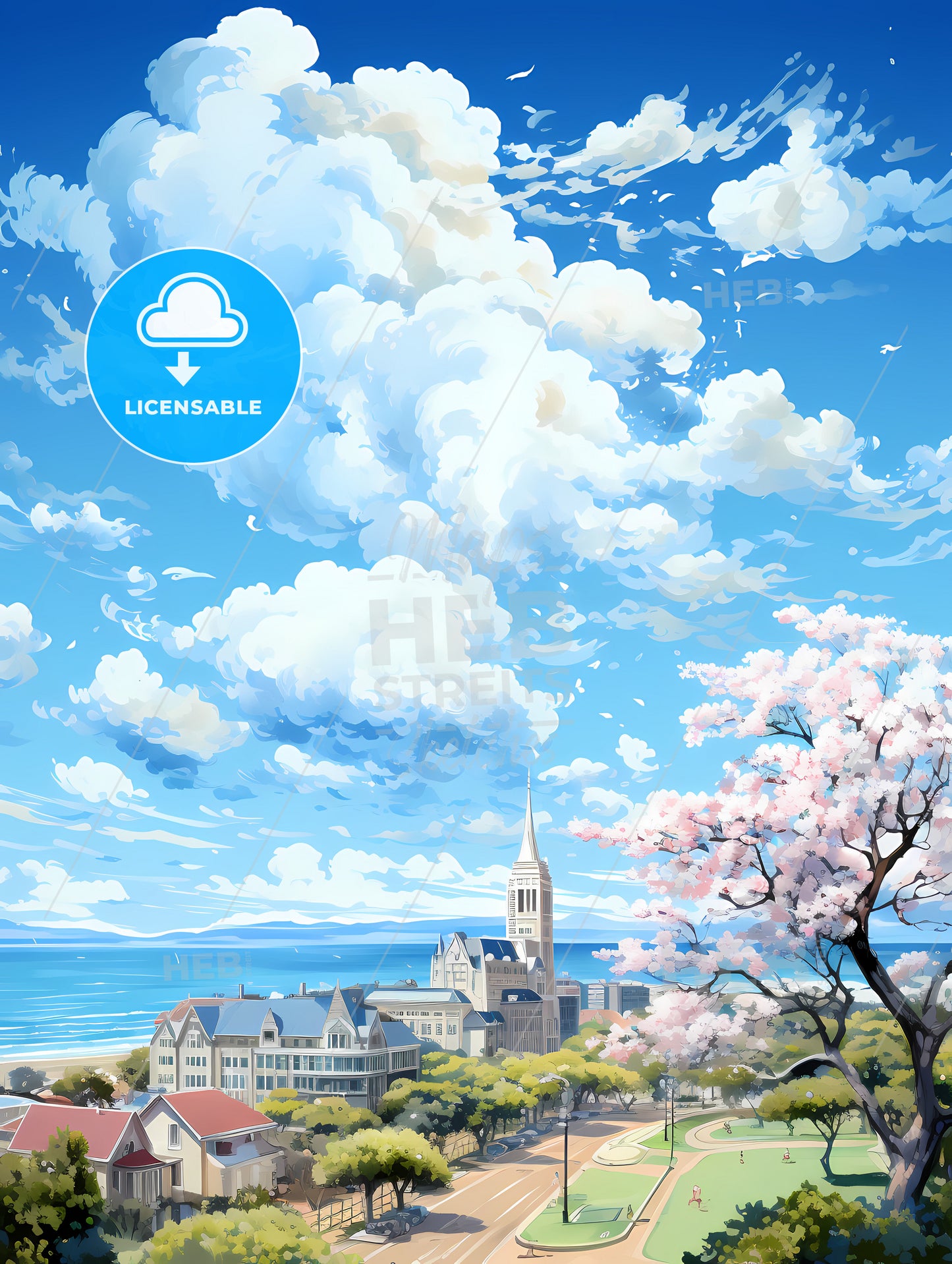 A Landscape Of A City With A Body Of Water And Trees