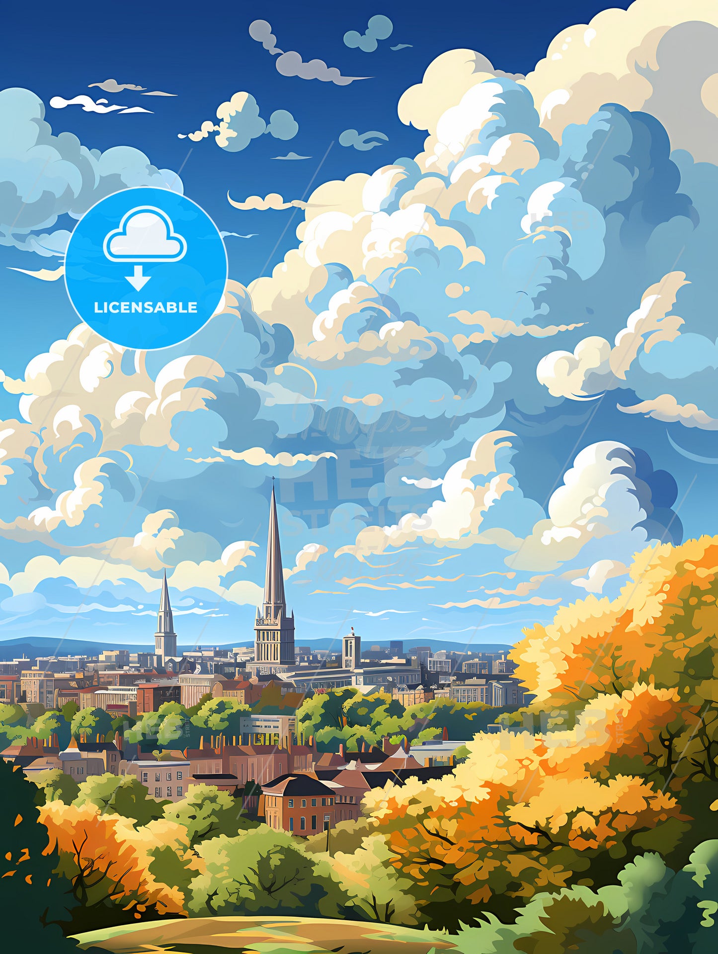 A City Landscape With Trees And Clouds