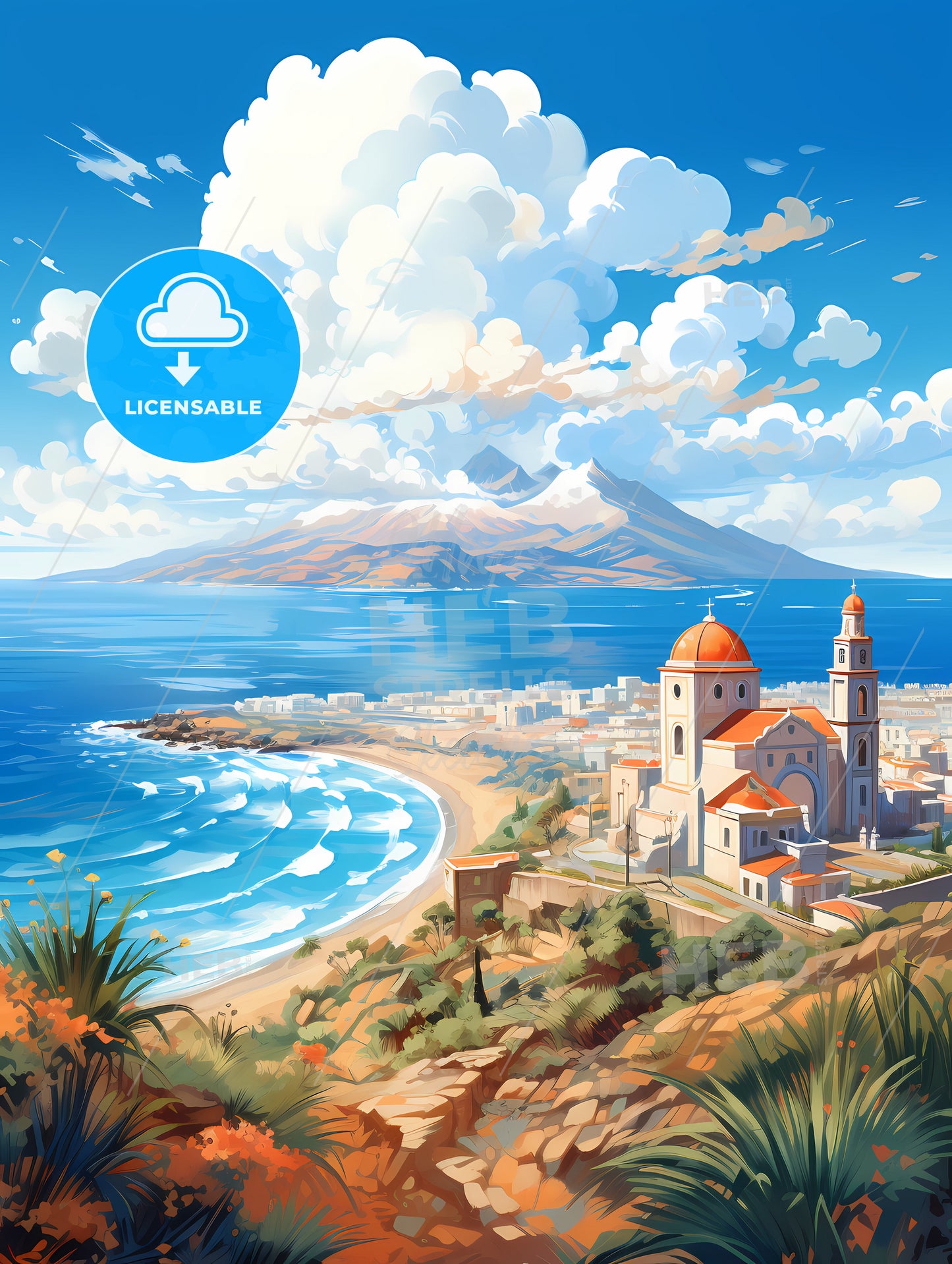 A Beach With A Building And A Mountain In The Background