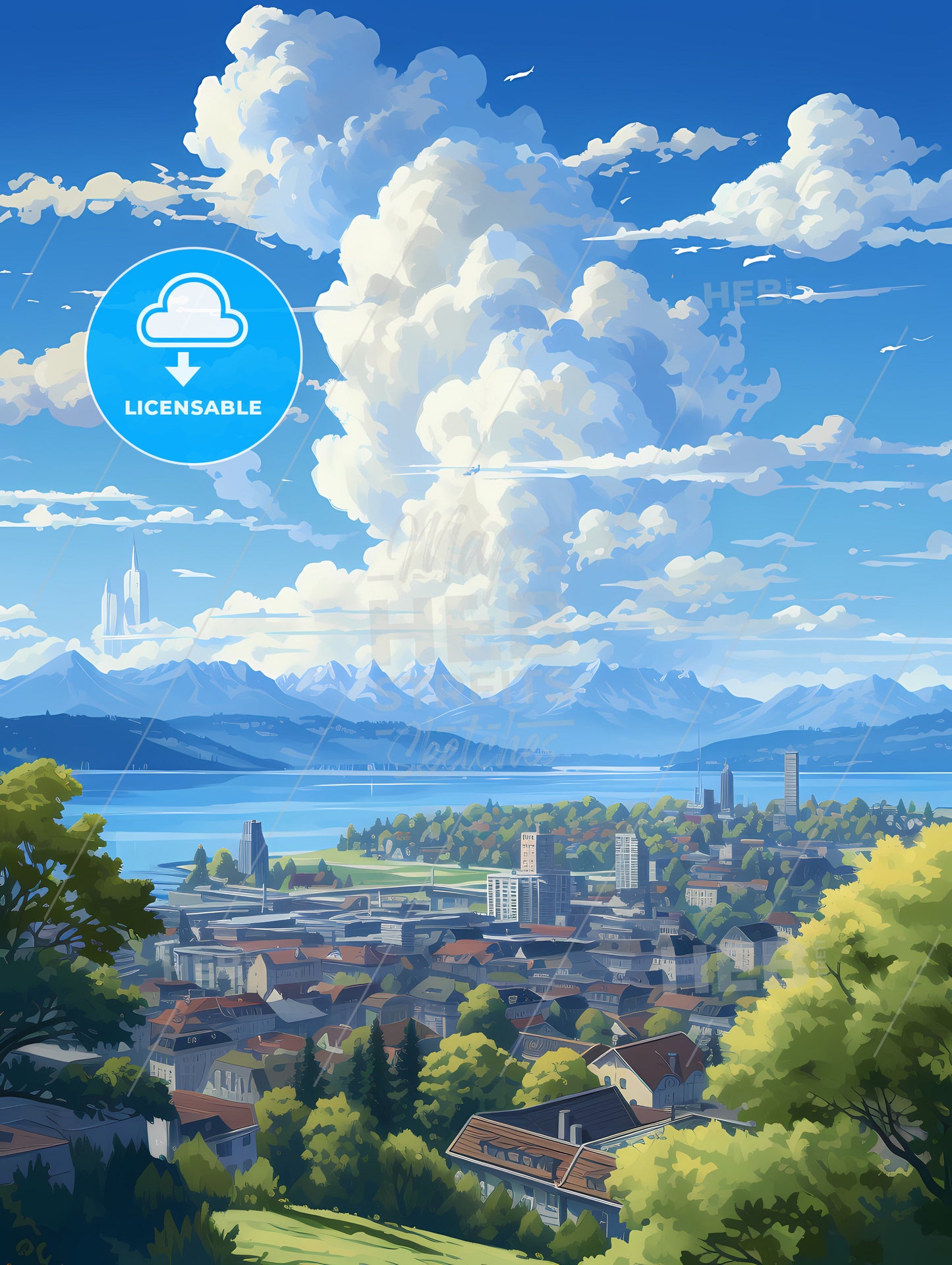 A Landscape Of A City And A Lake