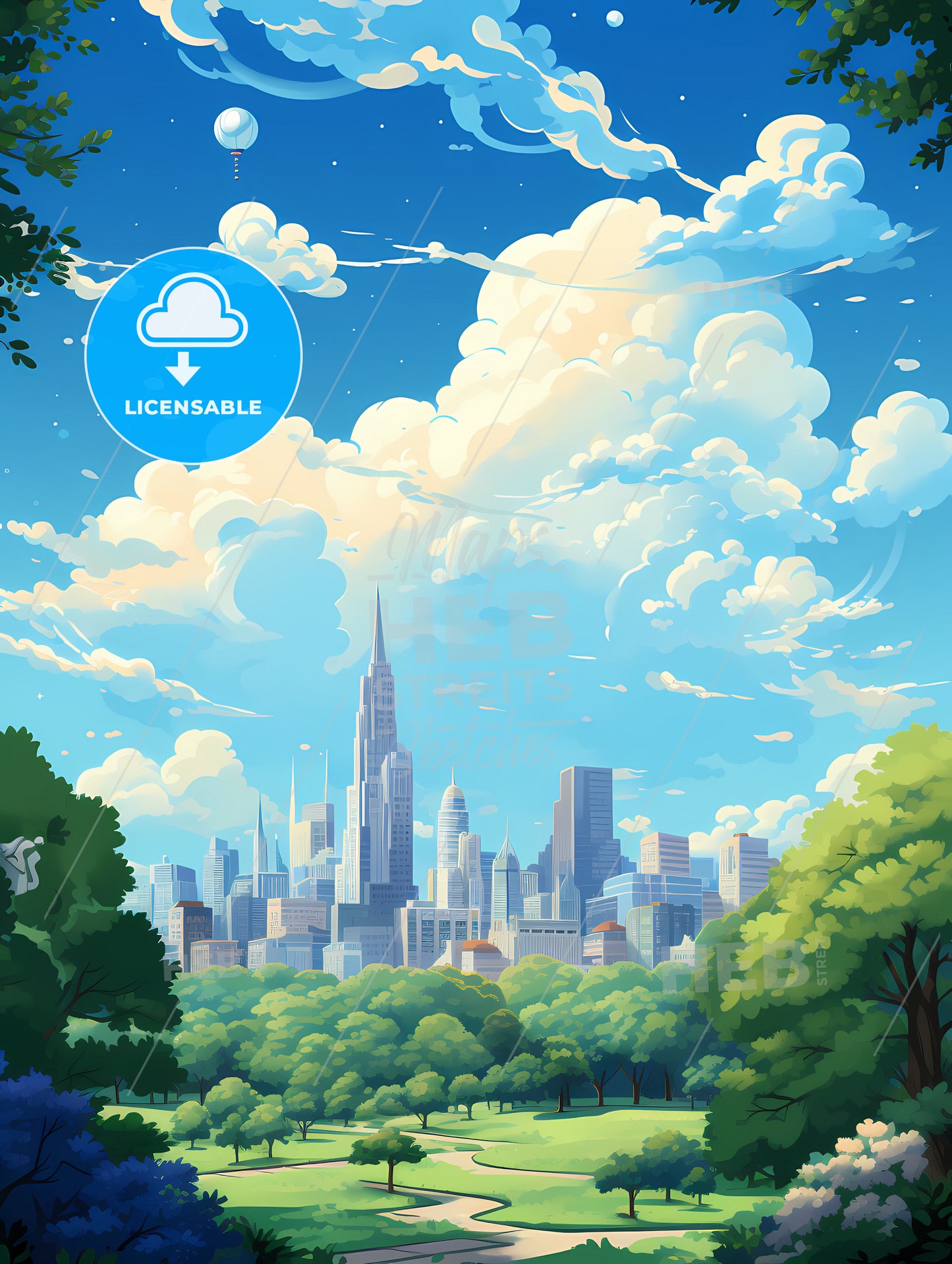 A City Landscape With Trees And Clouds