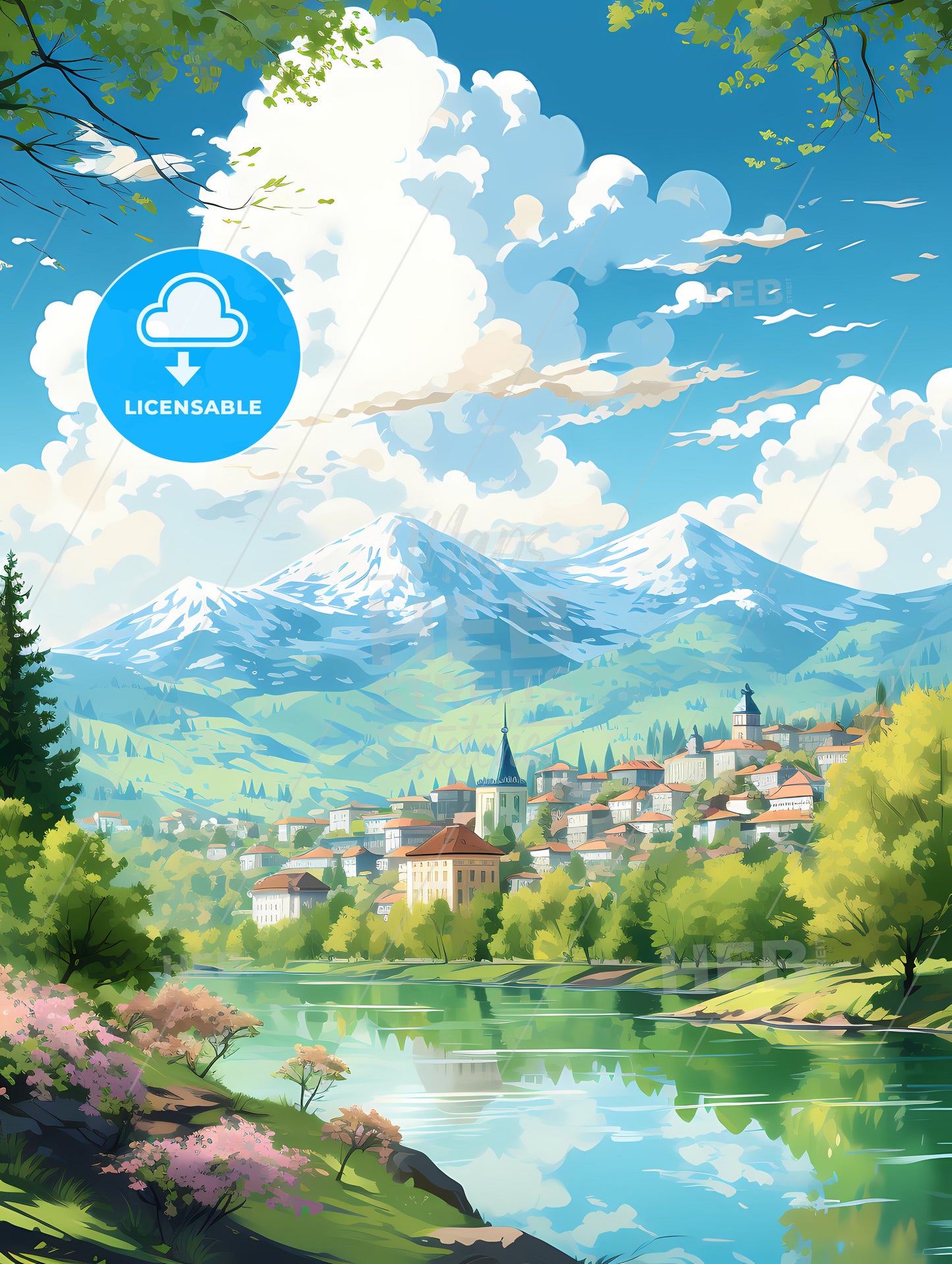 A Landscape Of A Town By A River