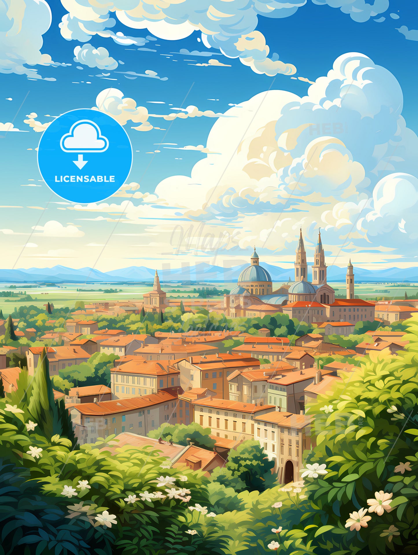 A City With A Large Building And Trees