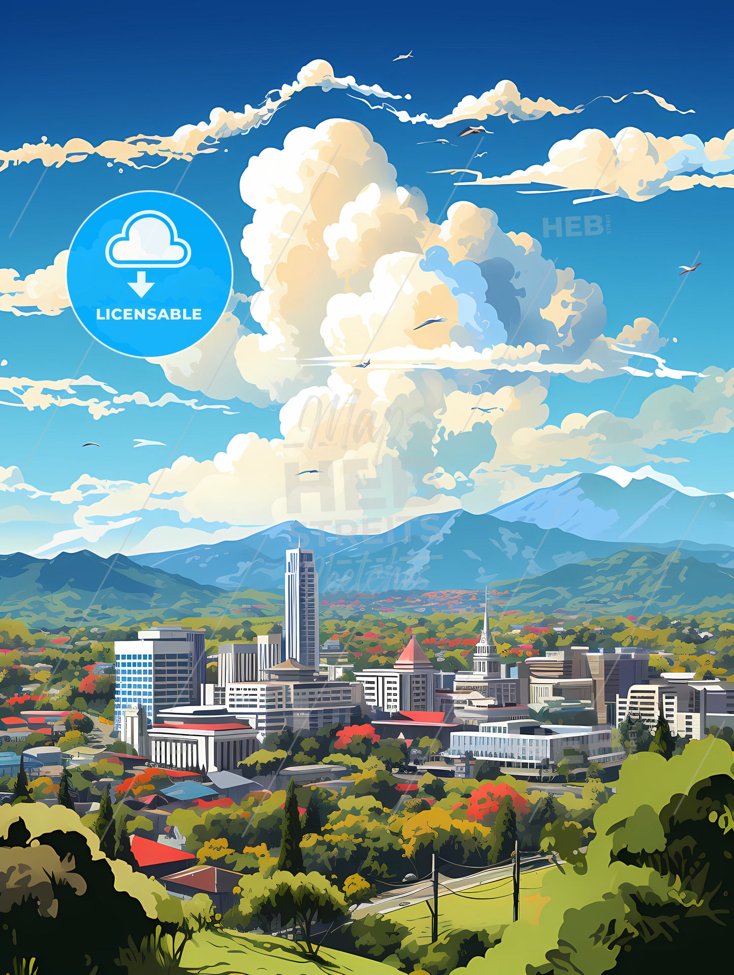 A City With Trees And Mountains In The Background