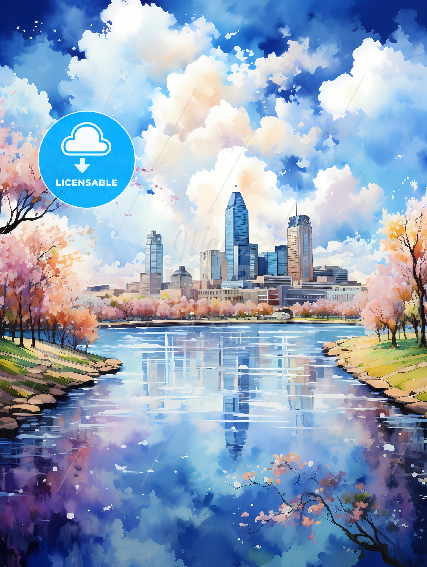 A Water With Trees And A City In The Background