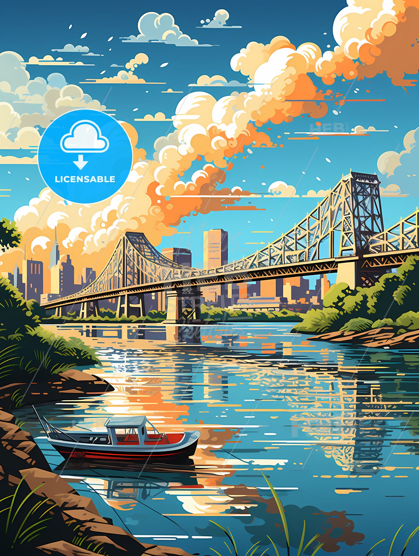 A Bridge Over A River With A Boat In The Foreground