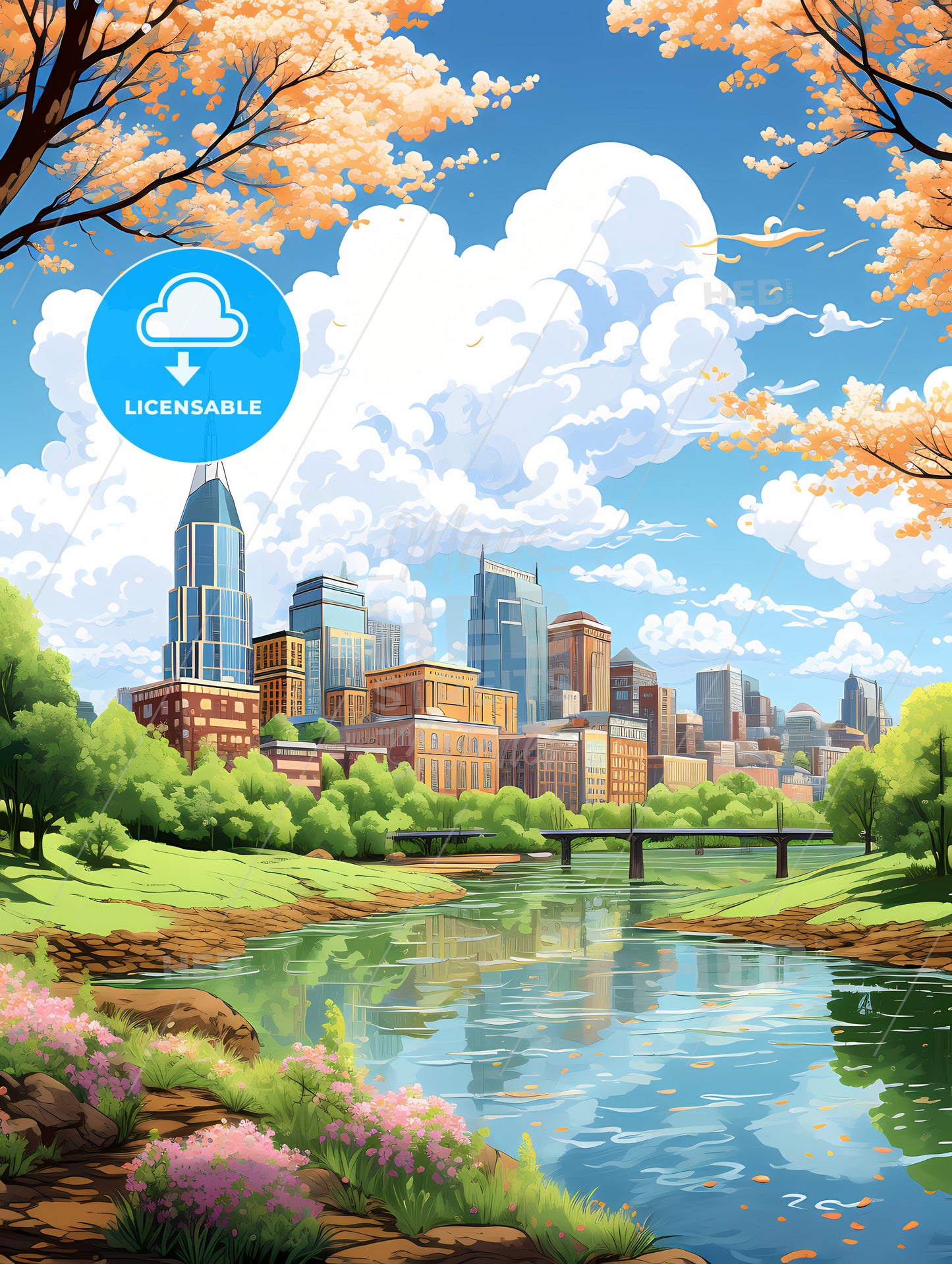 A River With Trees And A City In The Background