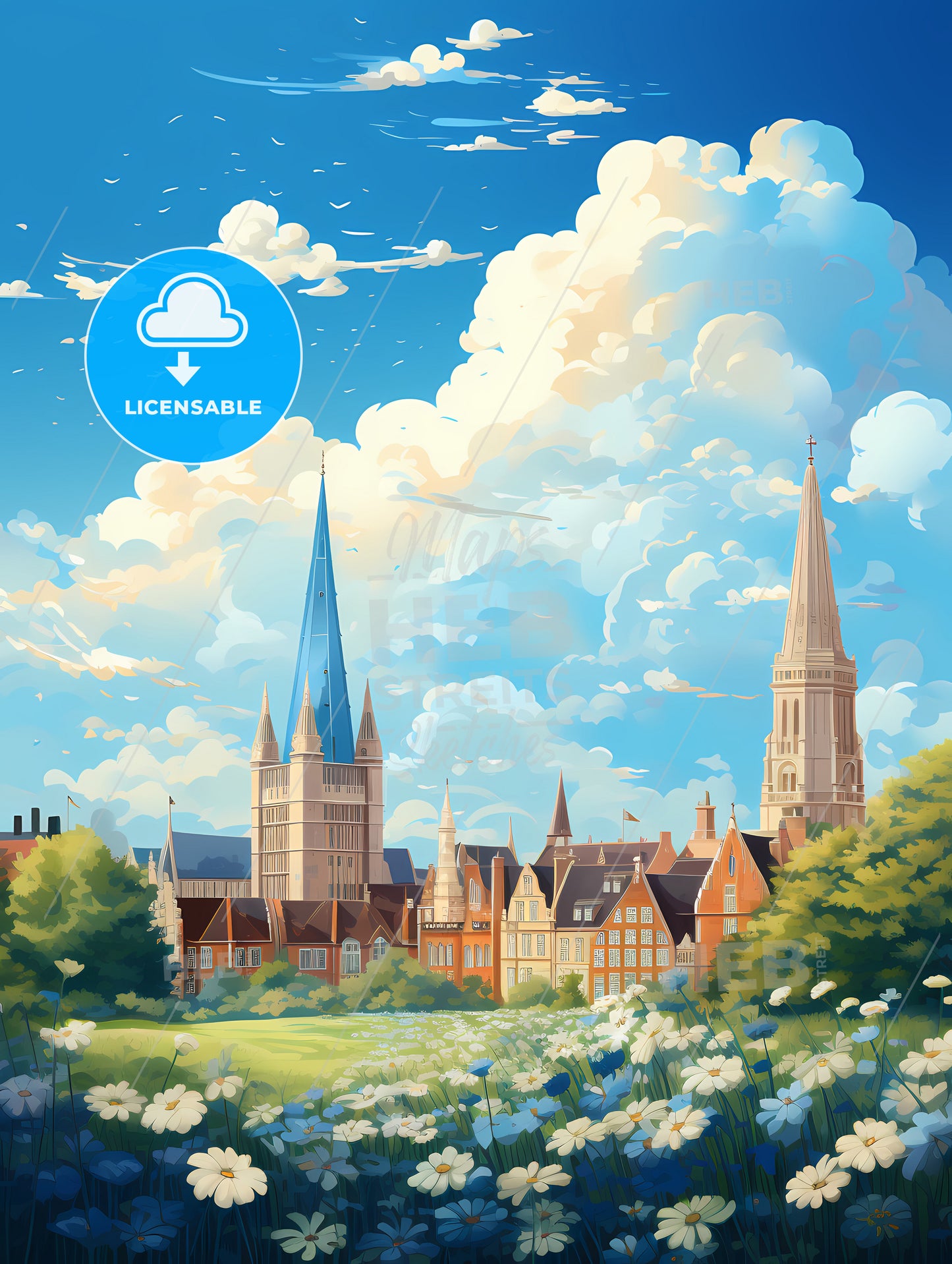 A Landscape Of A City With A Field Of Flowers And Buildings