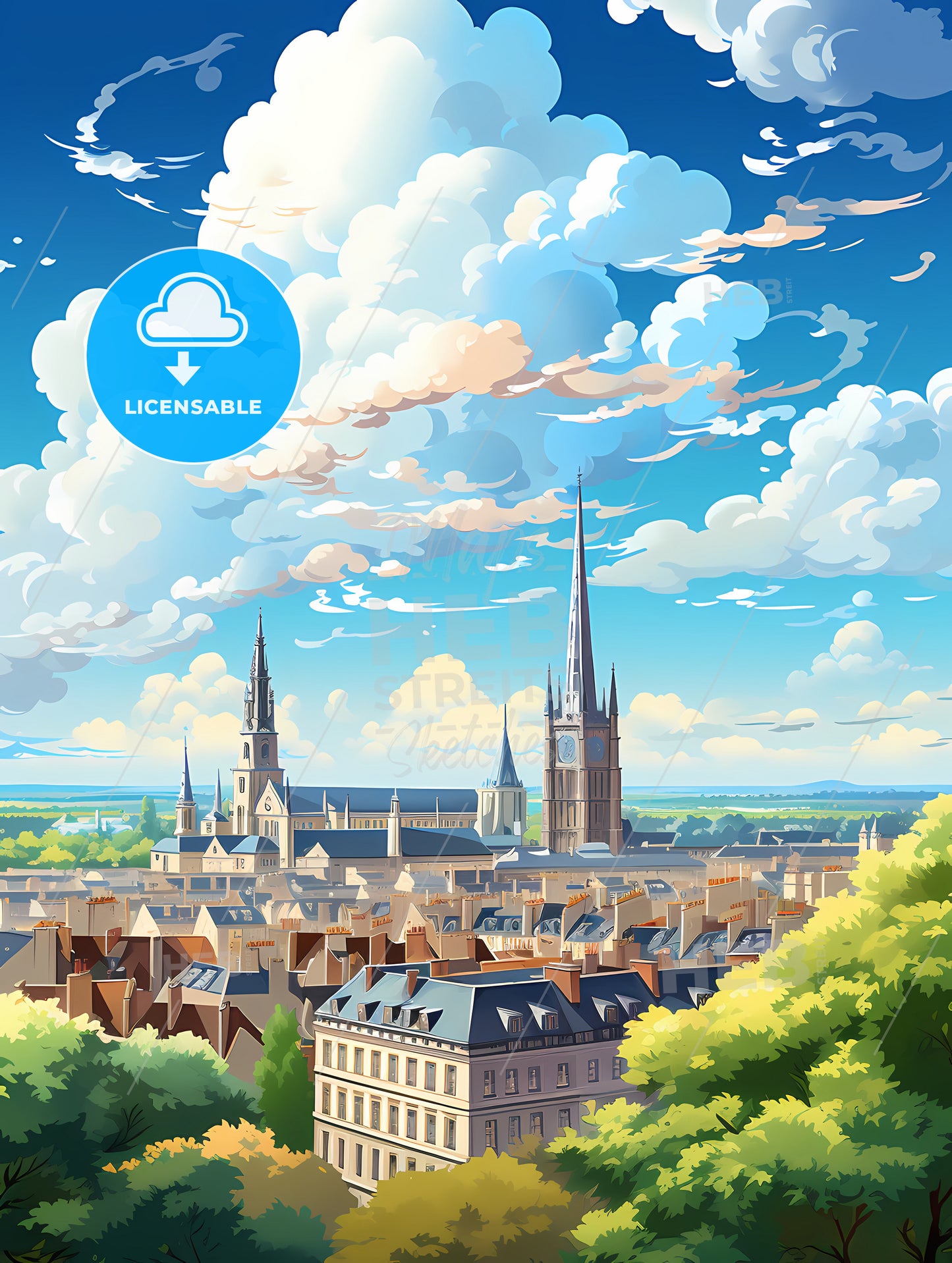 A City With A Tall Tower And Trees