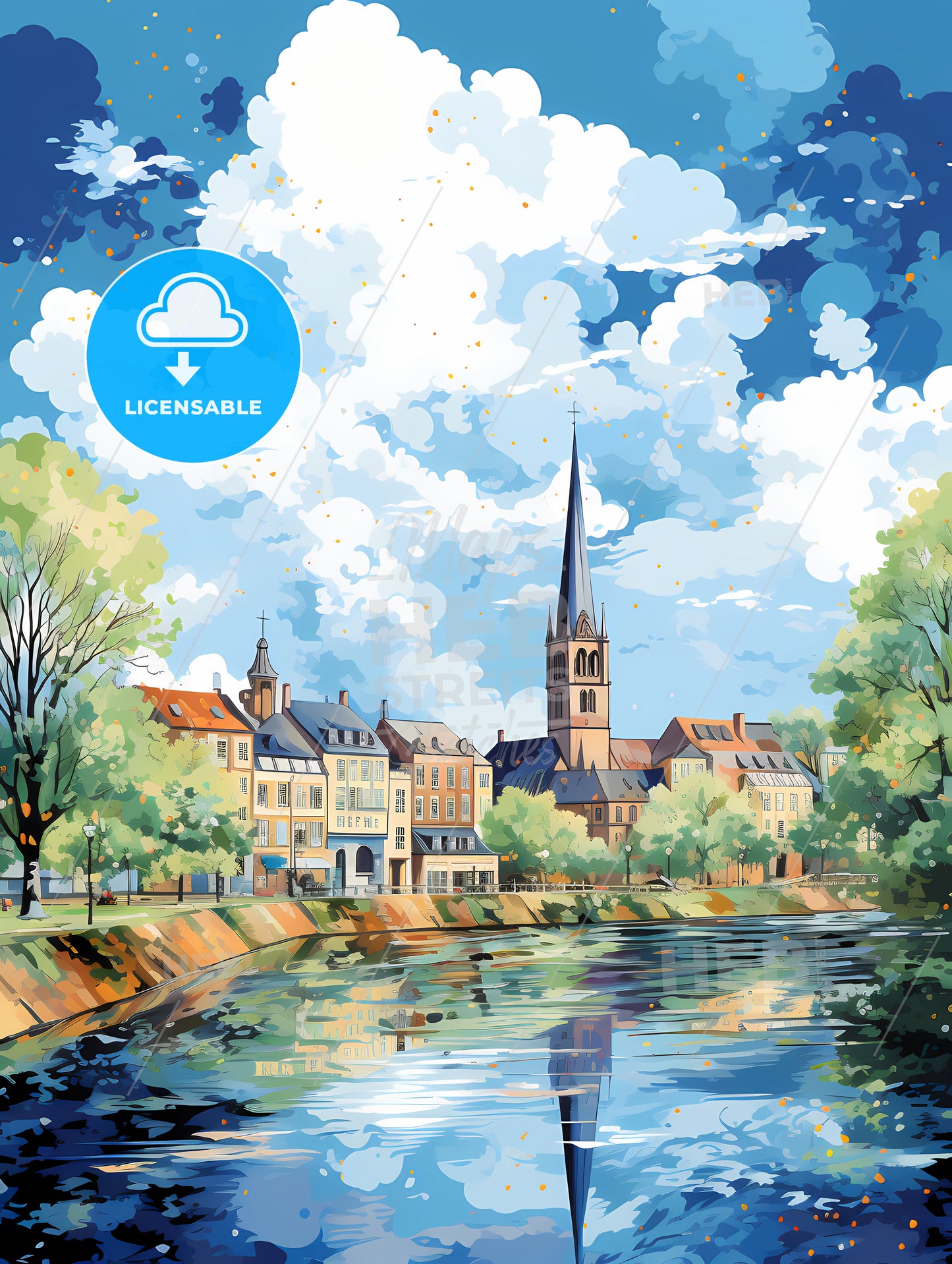 A Water Body With Buildings And Trees