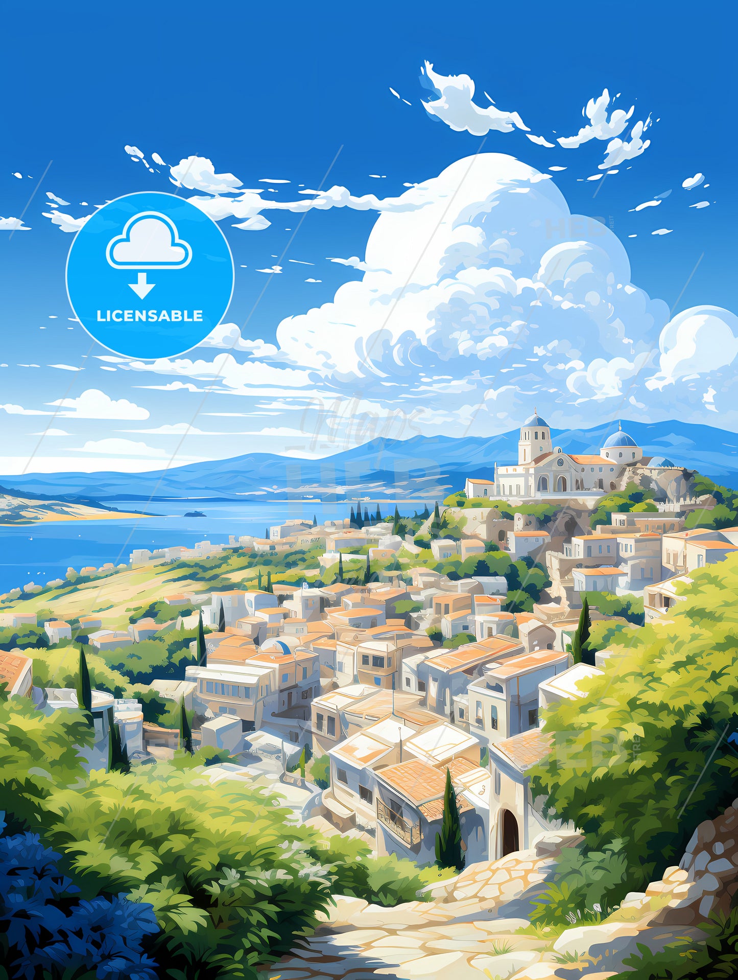 A Landscape Of A Town With A Body Of Water And Mountains