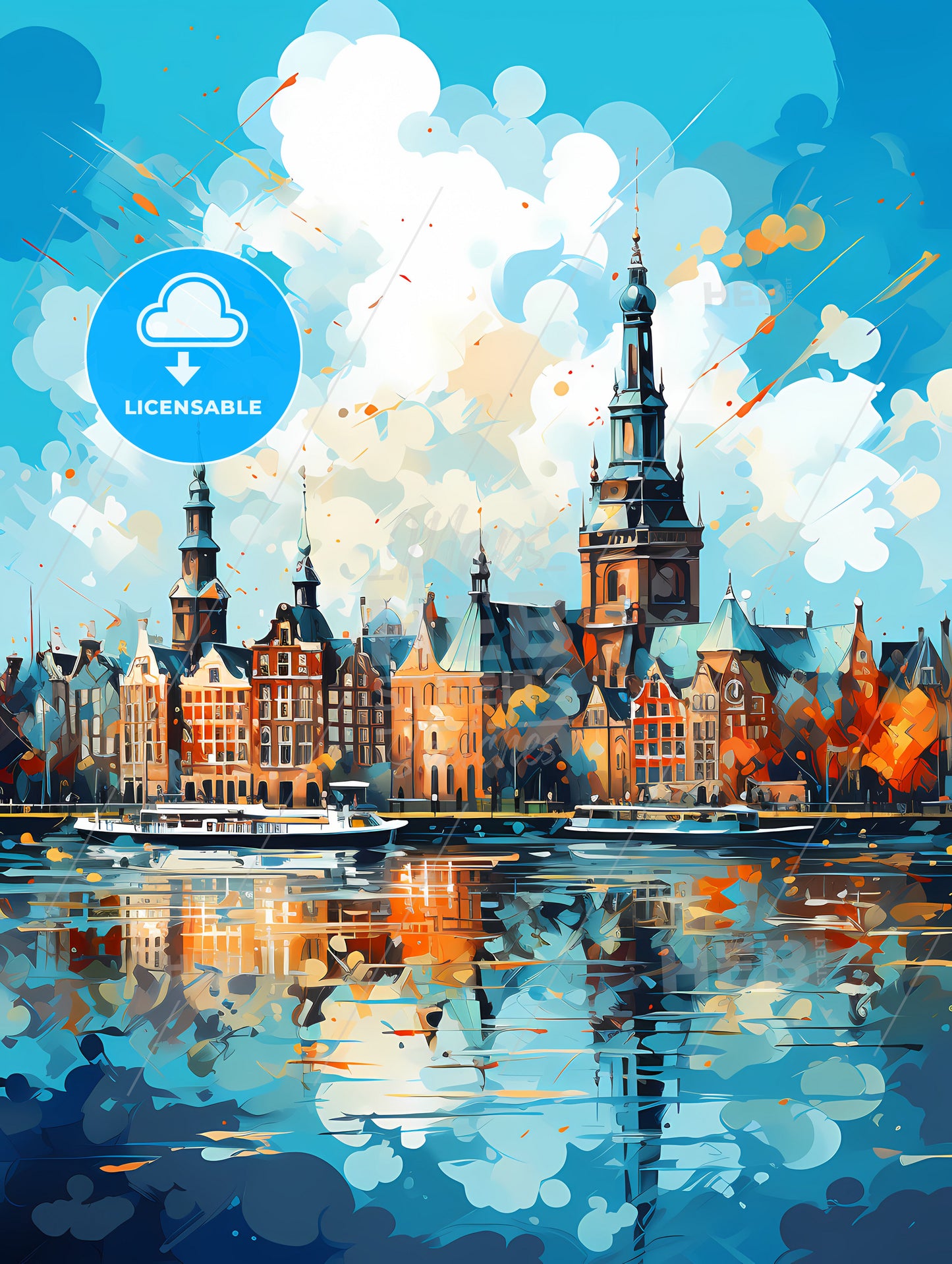 A Watercolor Painting Of A City With A Boat In The Water